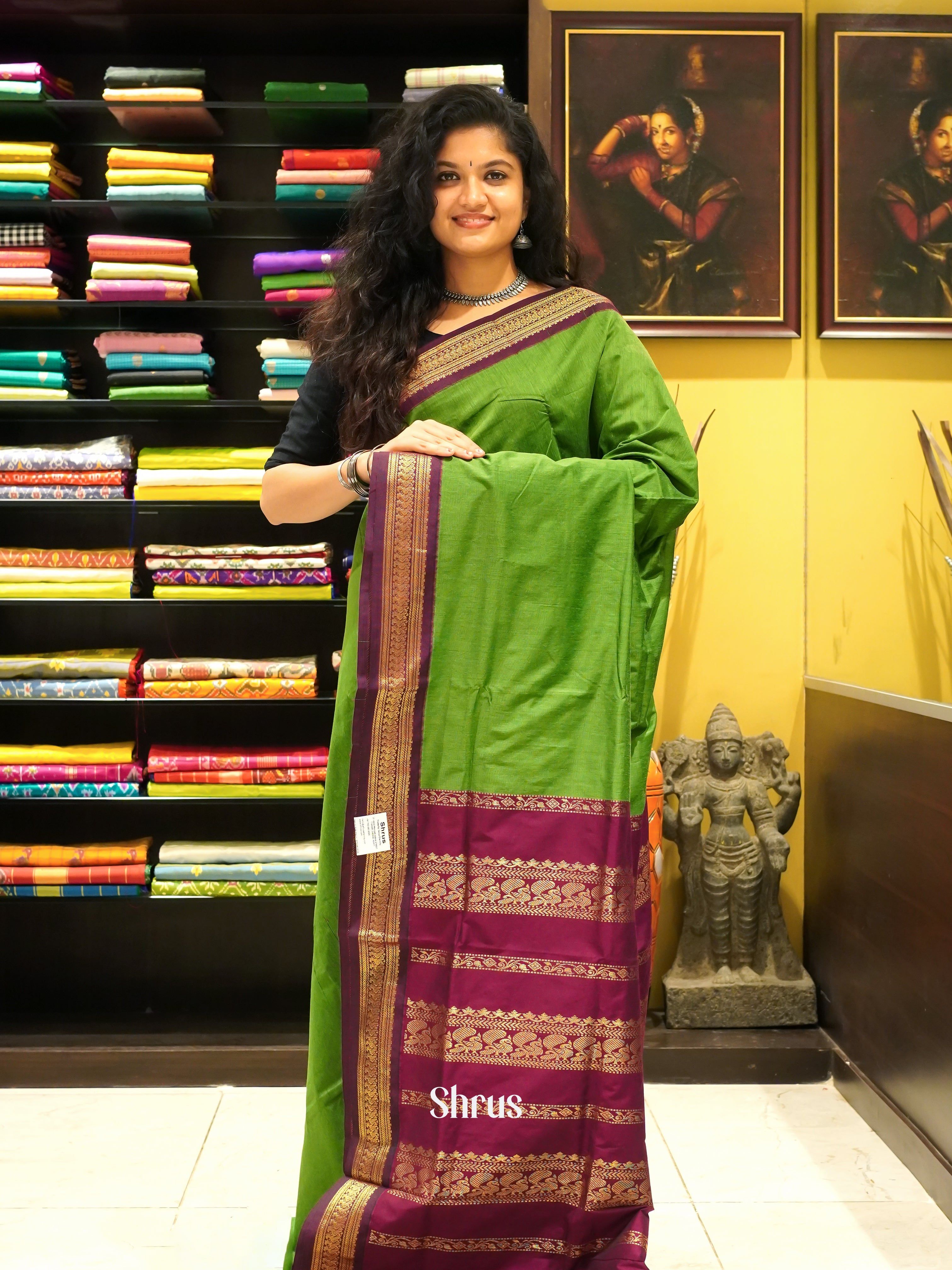 Light Green & Purple - Kalyani Cotton Saree - Shop on ShrusEternity.com