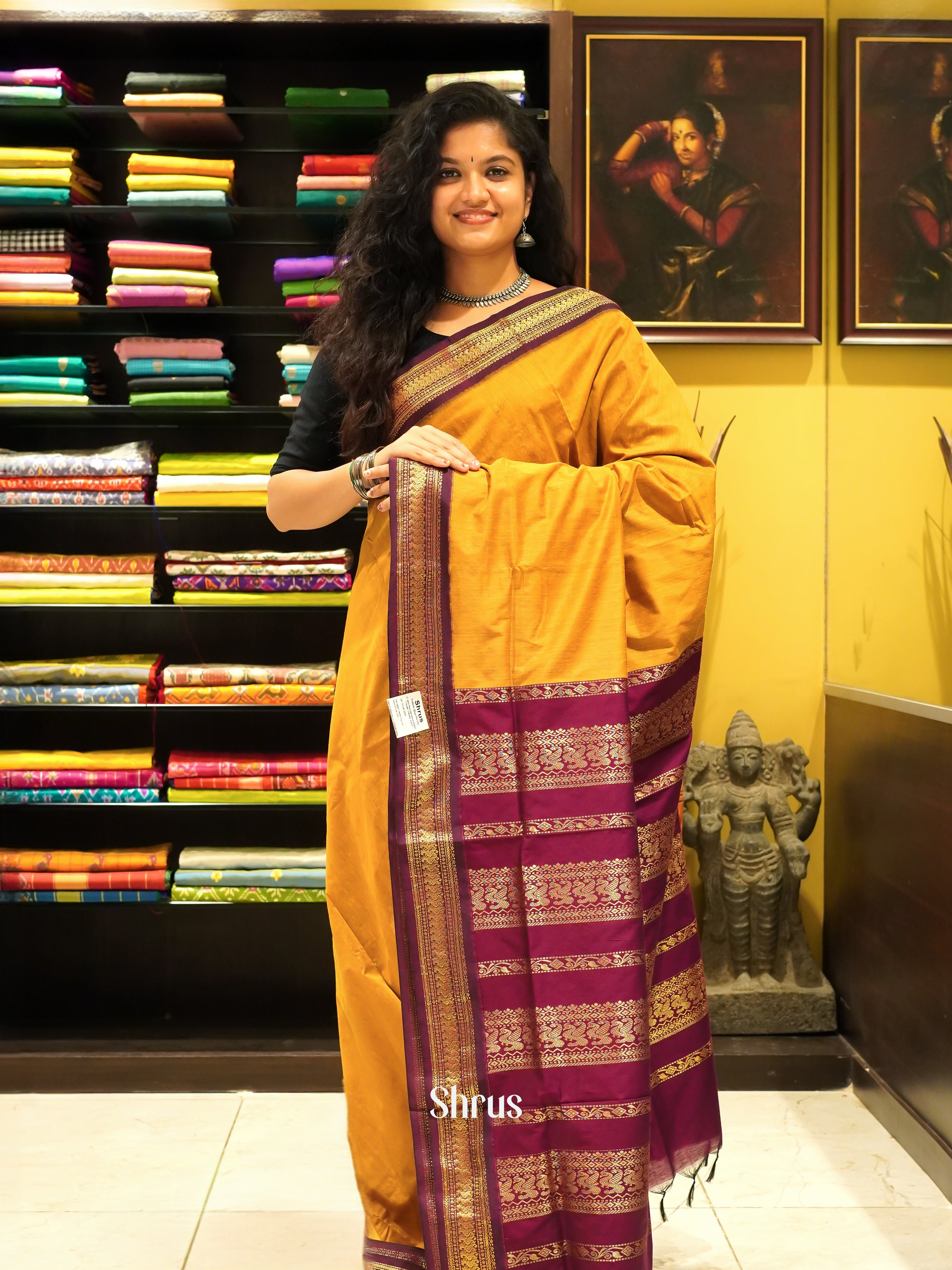 Mustard & Purple - Kalyani Cotton Saree - Shop on ShrusEternity.com