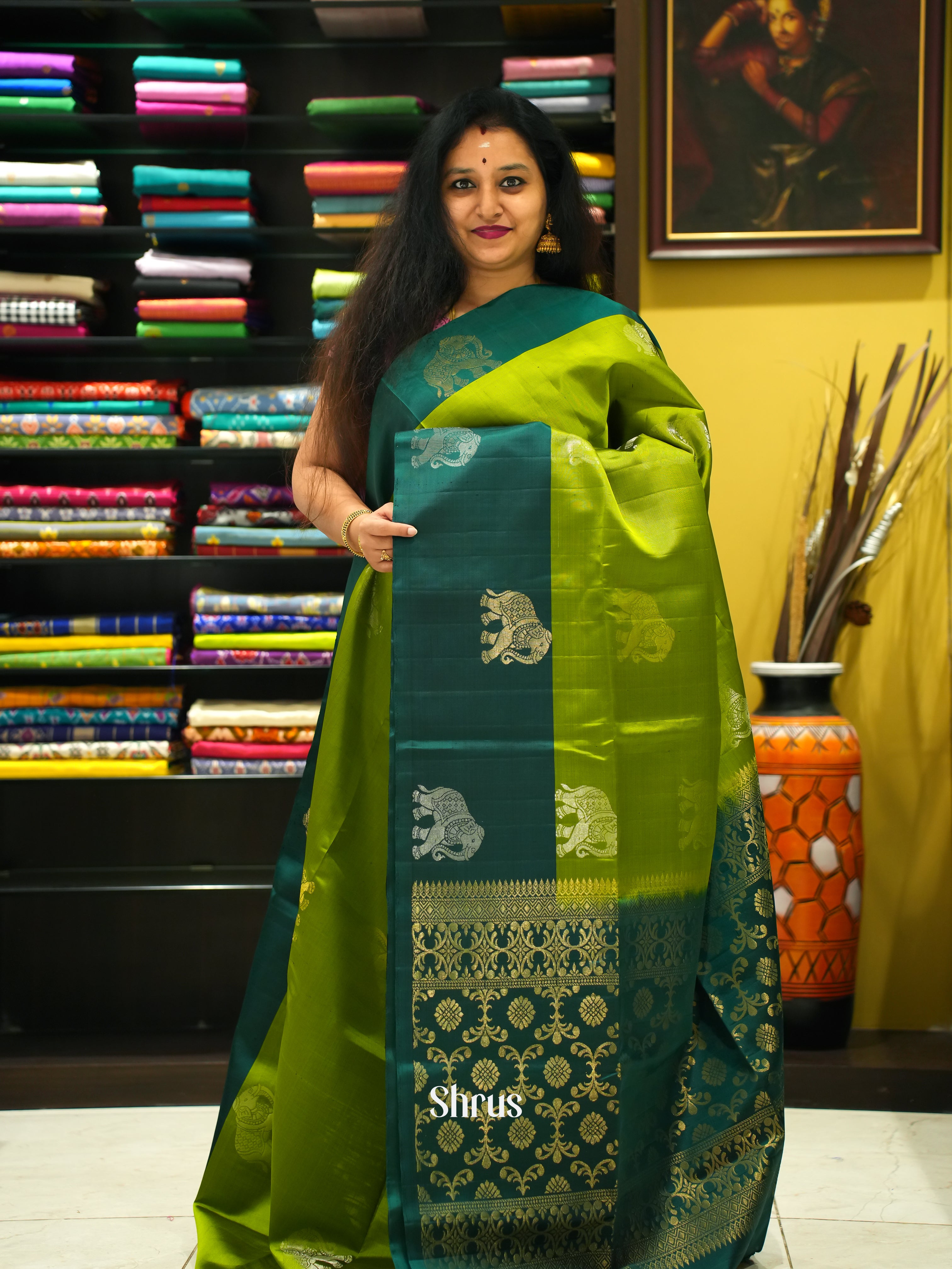 Light Green & Green - Soft Silk Saree - Shop on ShrusEternity.com