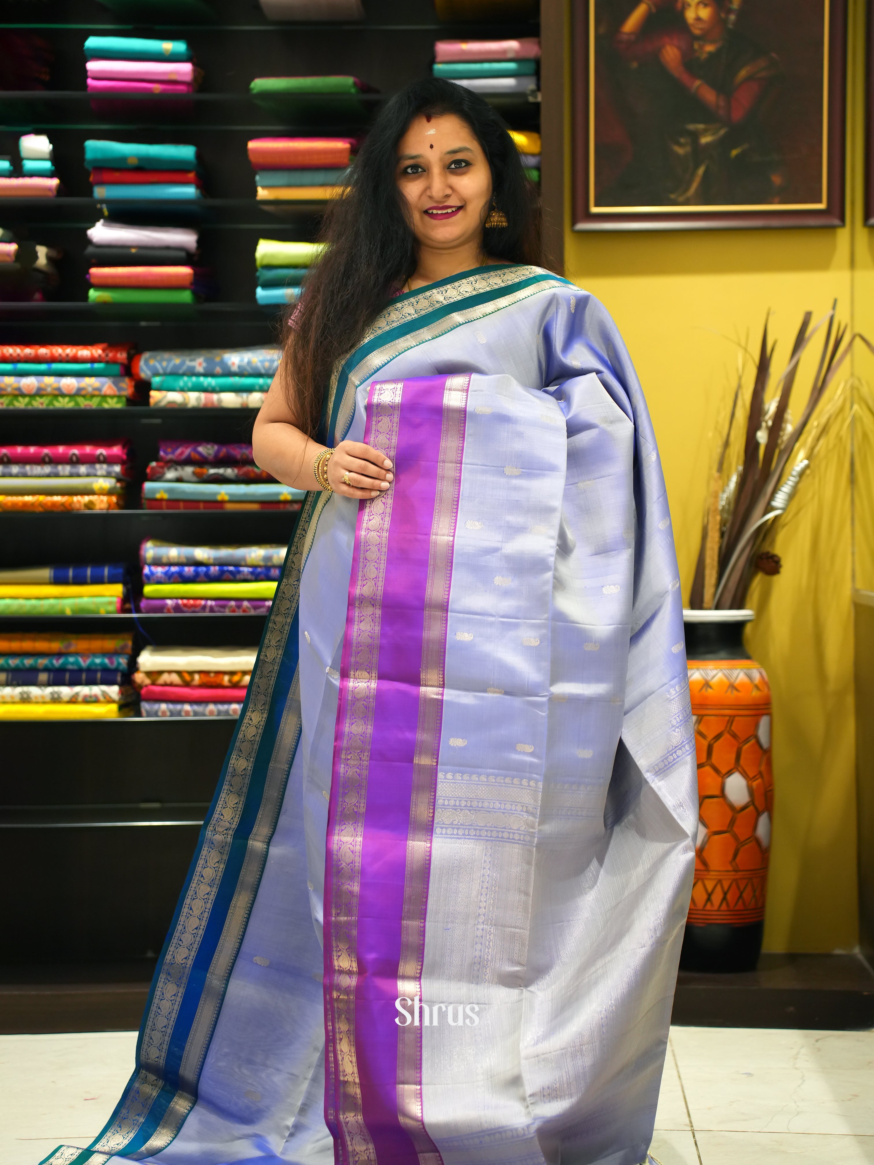 Grey & Pink- Soft Silk Saree - Shop on ShrusEternity.com
