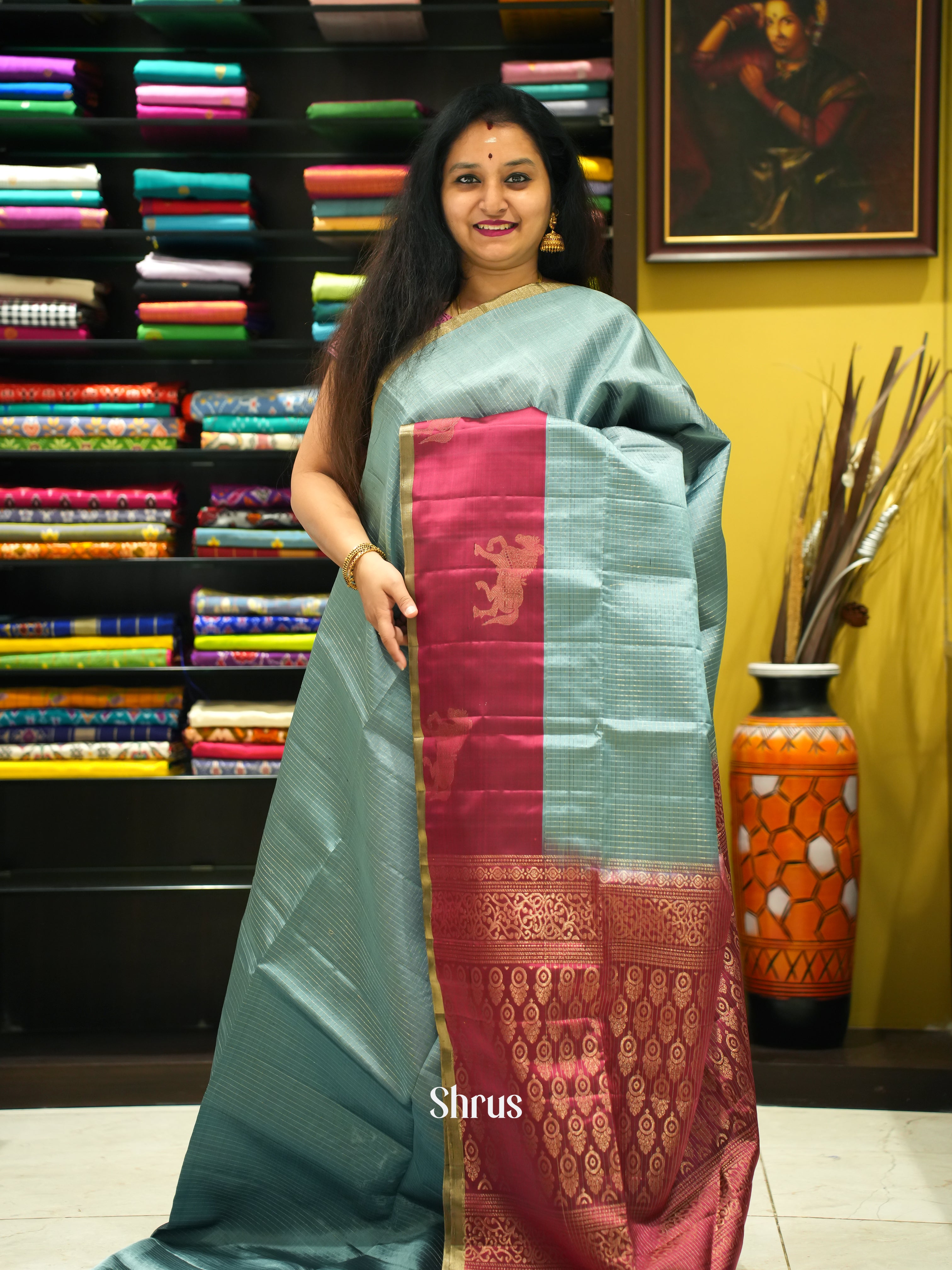 Blue & Pink- Soft Silk Saree - Shop on ShrusEternity.com