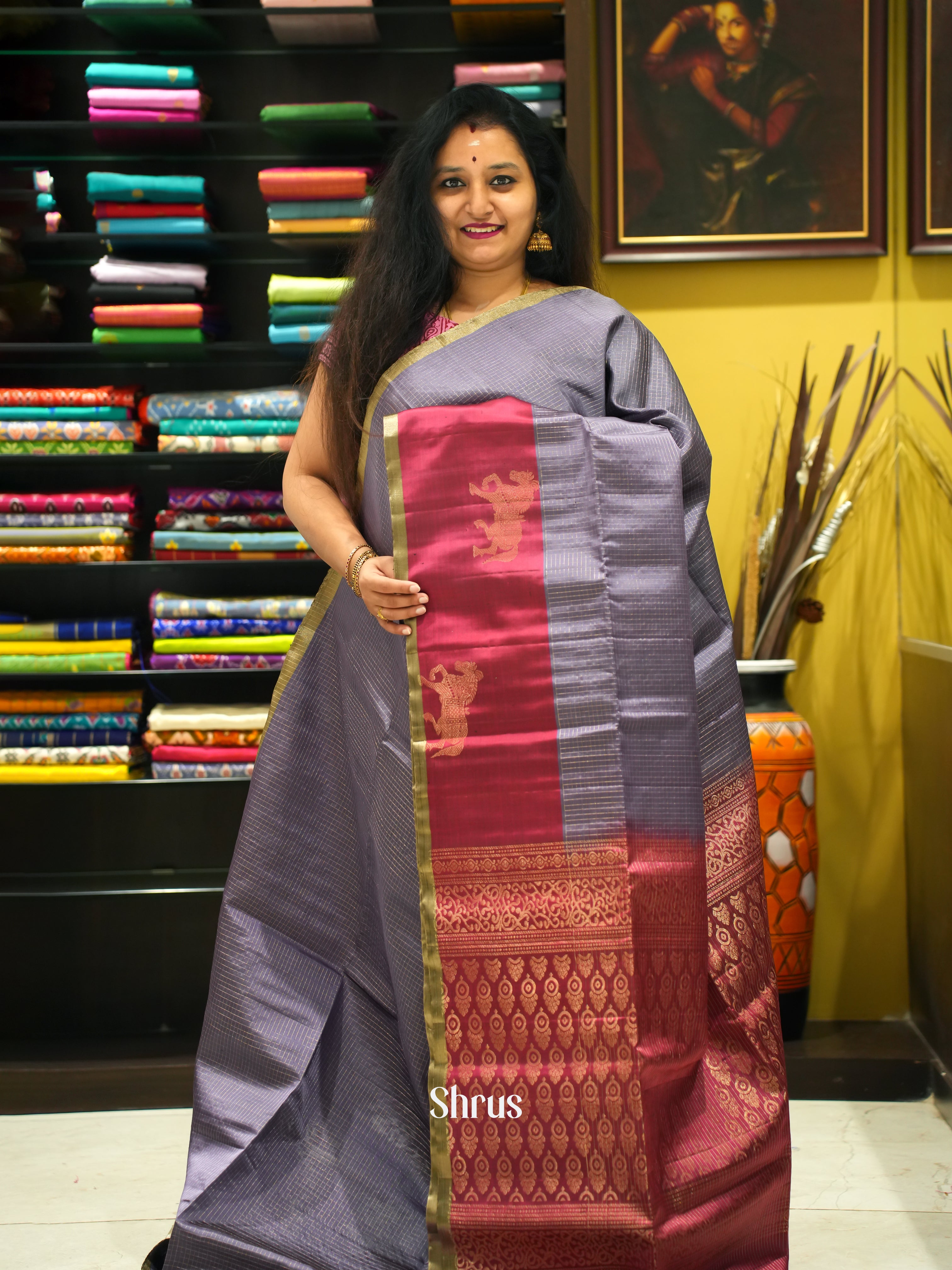 Grey & Maroon- Soft Silk Saree - Shop on ShrusEternity.com