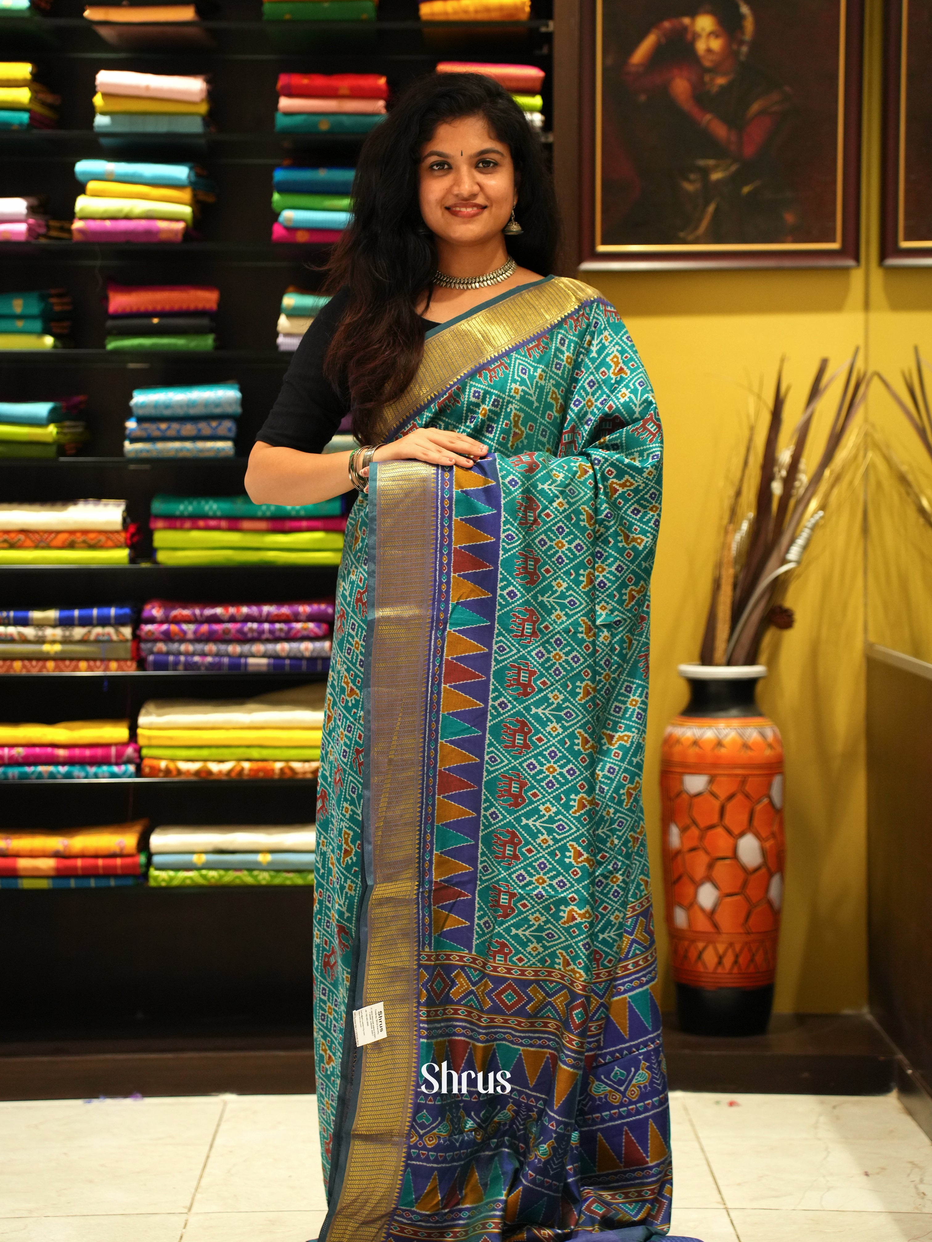 Green & Blue - Semi Patola Saree - Shop on ShrusEternity.com