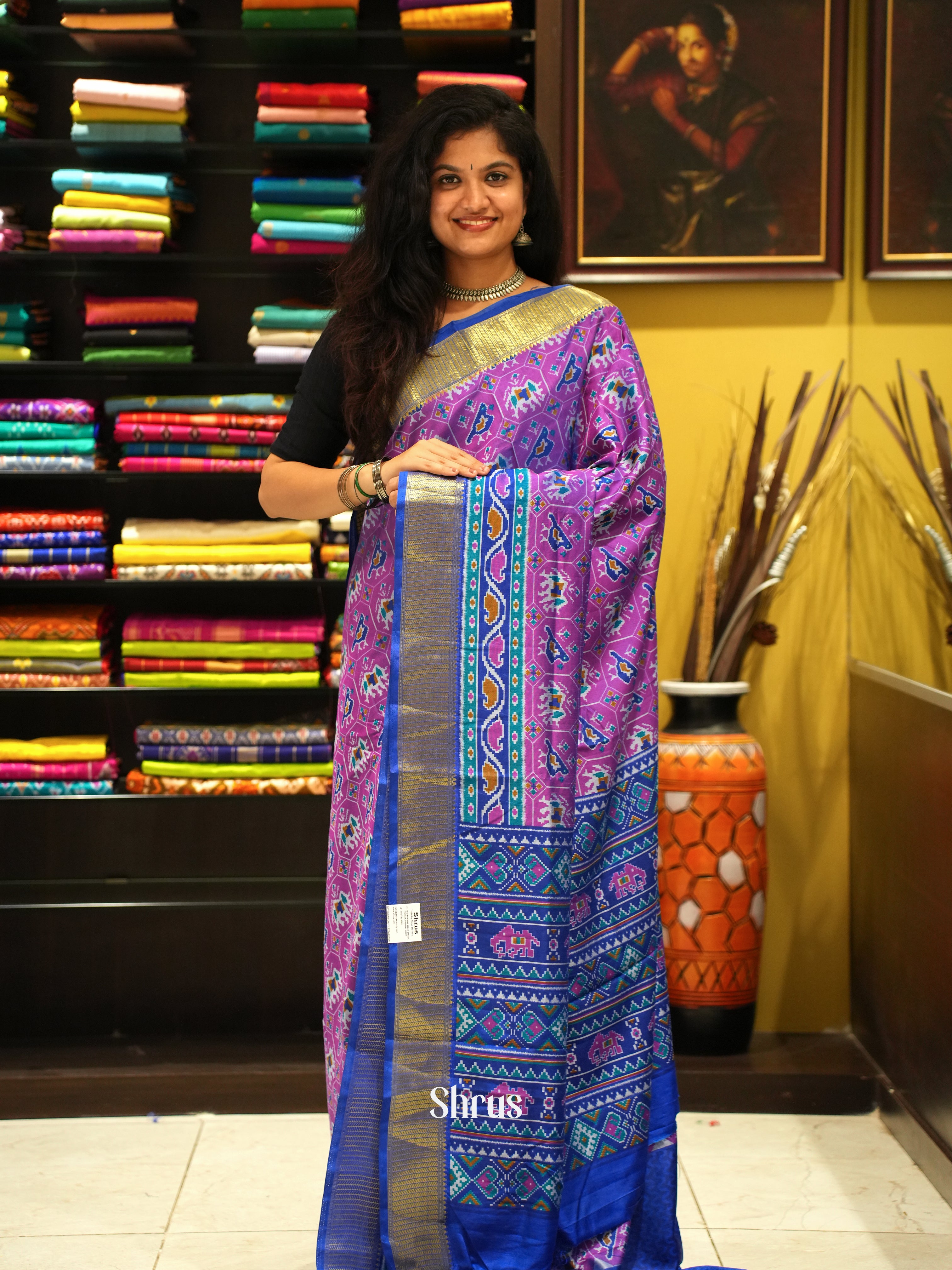 Pink & Blue - Semi Patola Saree - Shop on ShrusEternity.com