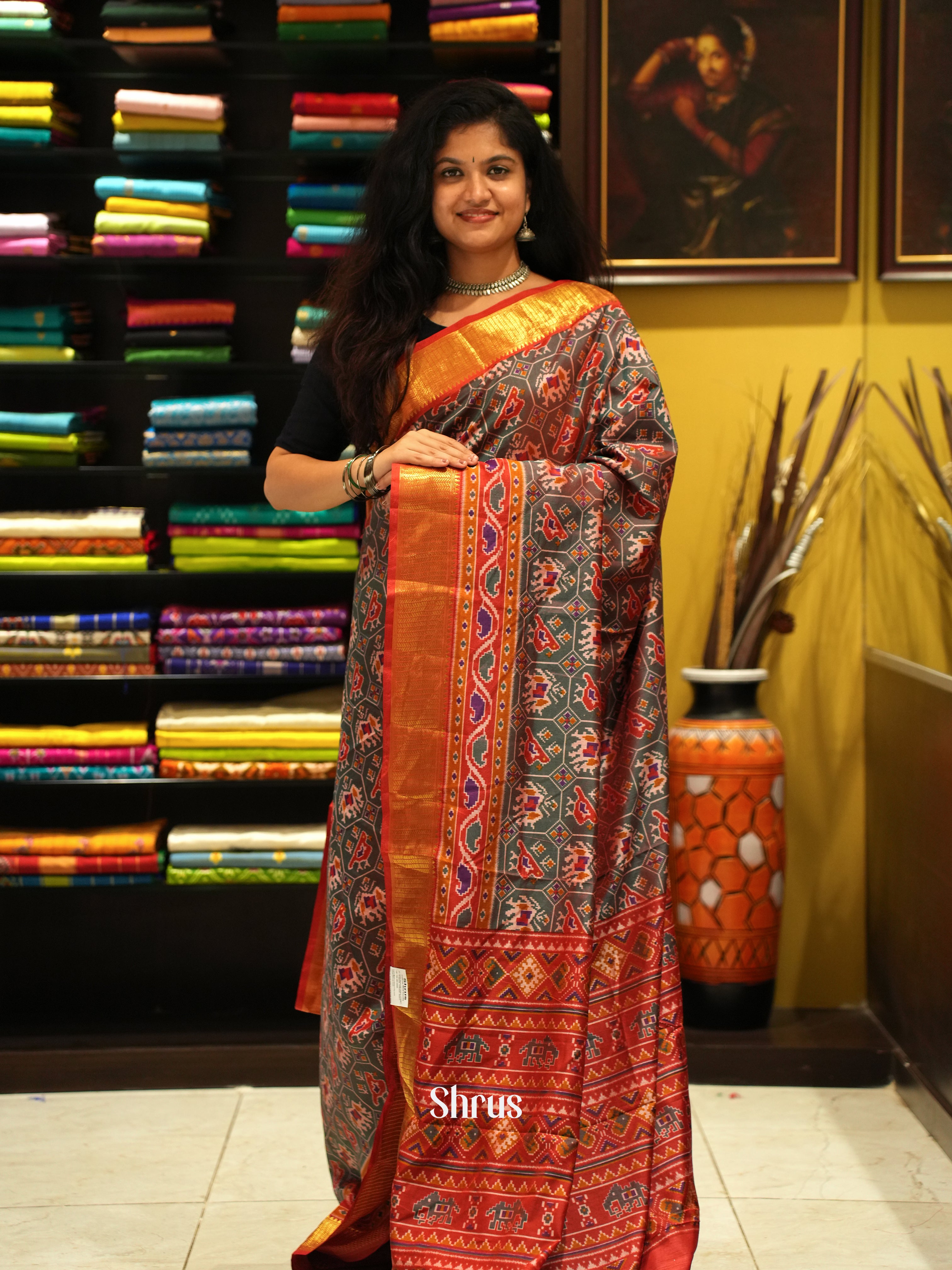 Grey & Red - Semi Patola Saree - Shop on ShrusEternity.com