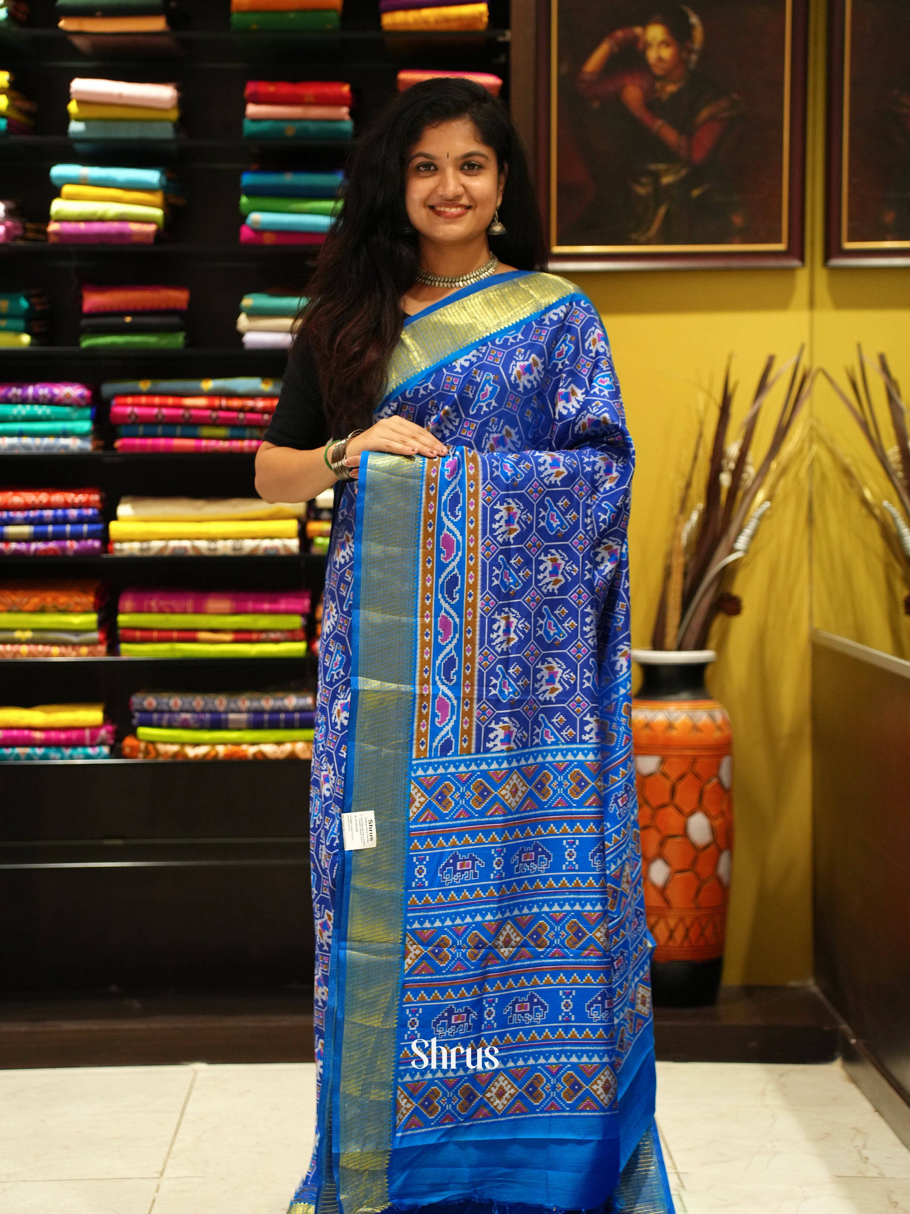 Blue(Single Tone)- Semi Patola Saree - Shop on ShrusEternity.com