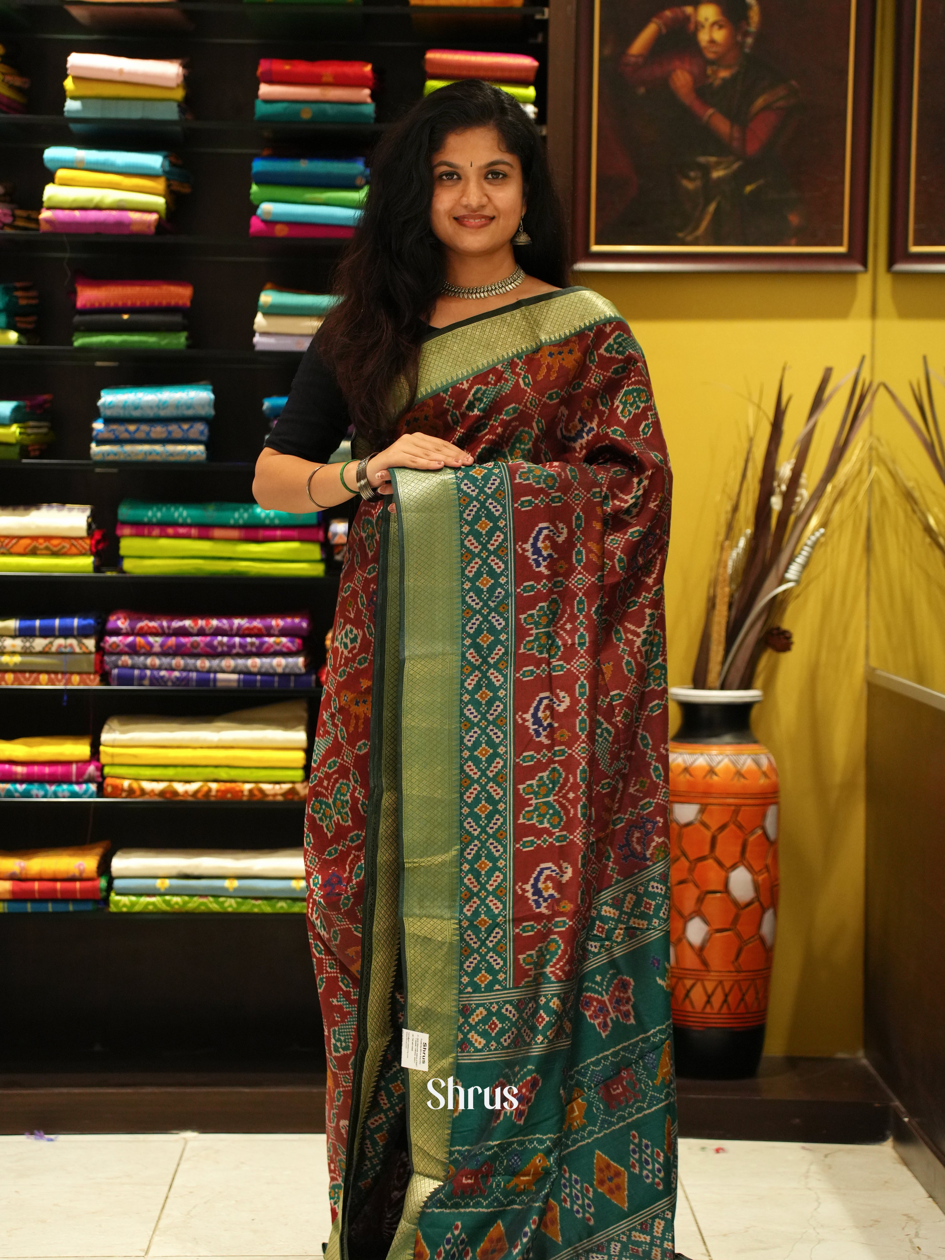Brown & Green - Semi Patola Saree - Shop on ShrusEternity.com