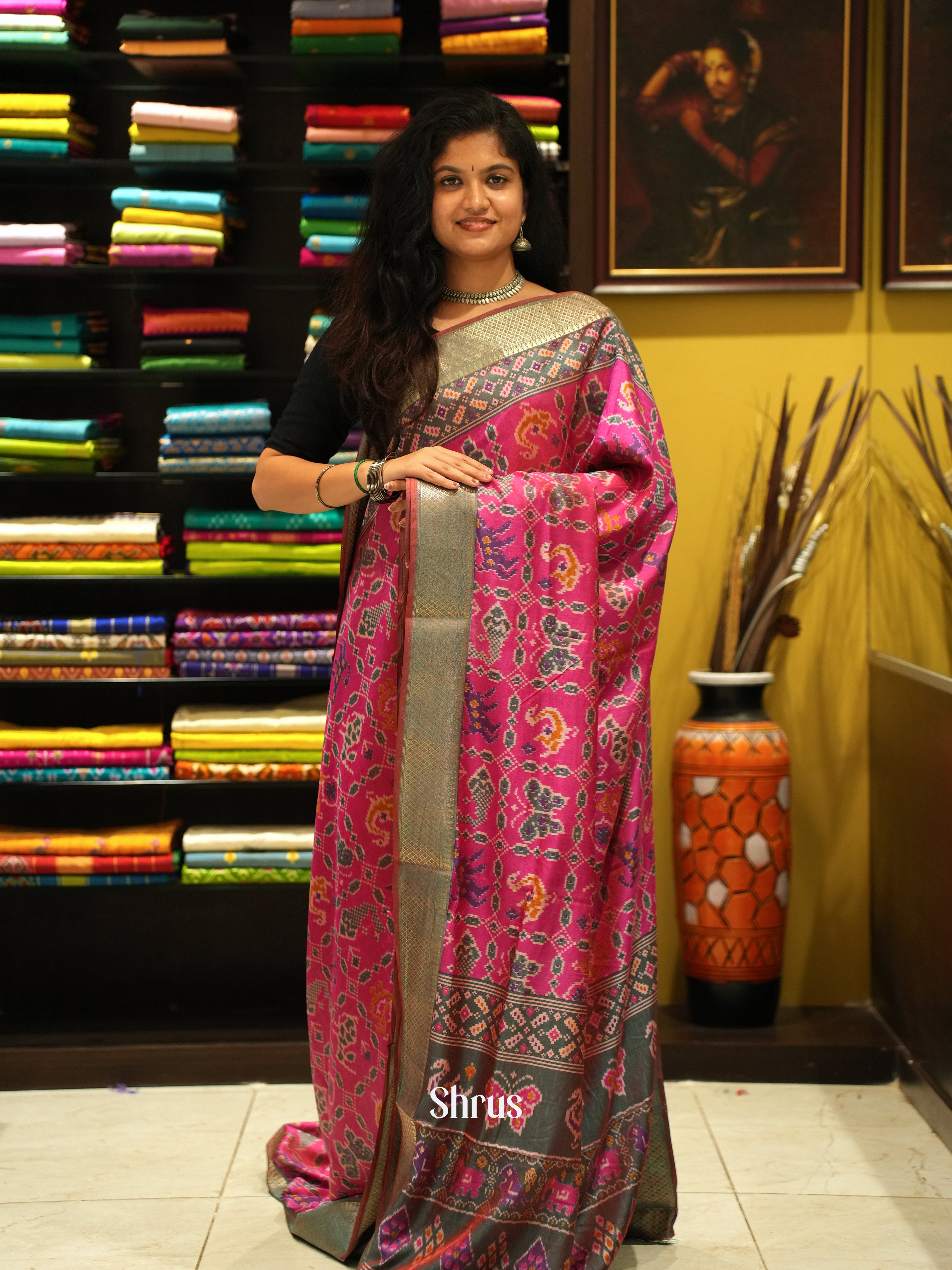 Pink & Grey - Semi Patola Saree - Shop on ShrusEternity.com