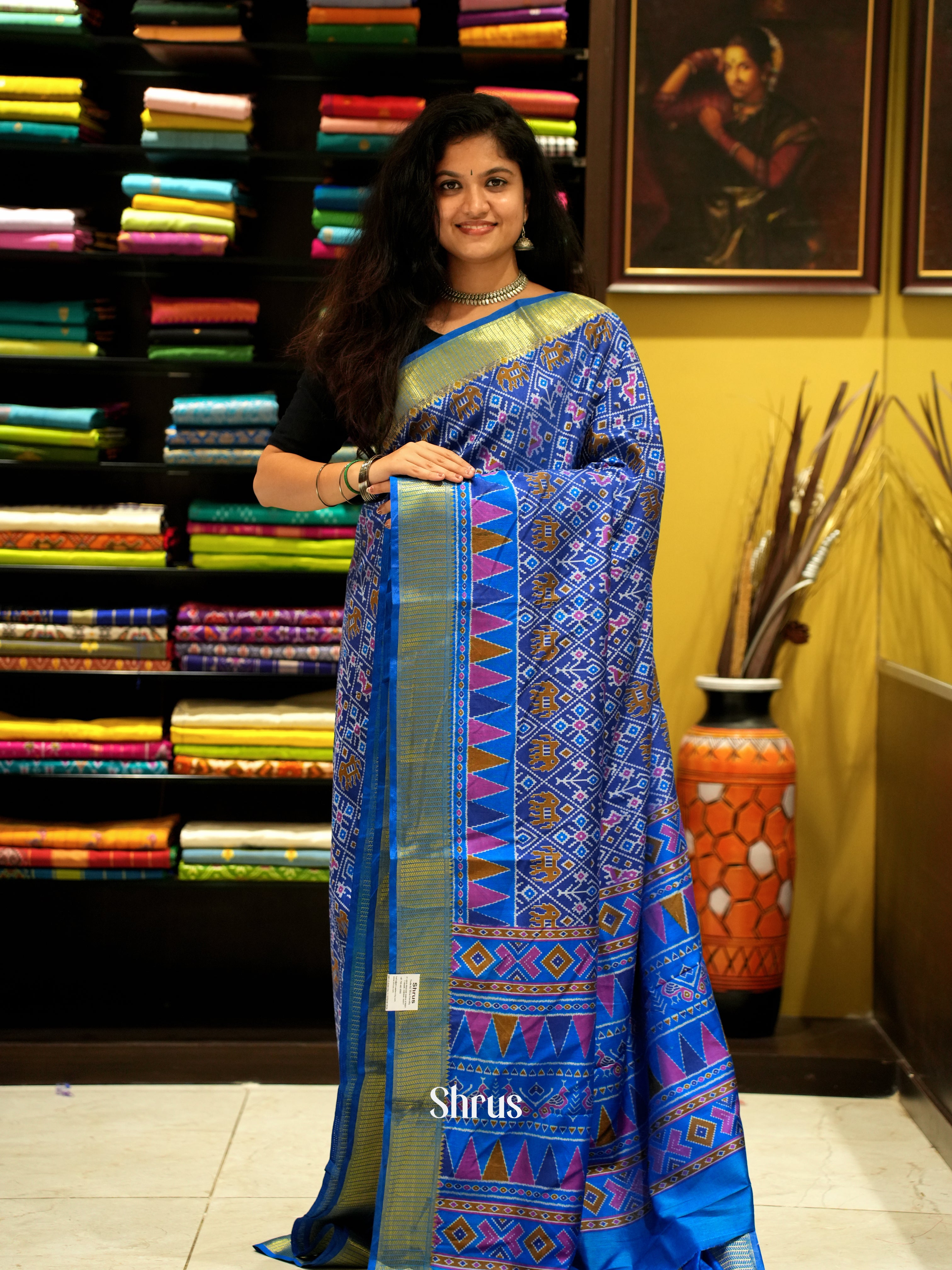 Blue(Single Tone) - Semi Patola Saree - Shop on ShrusEternity.com