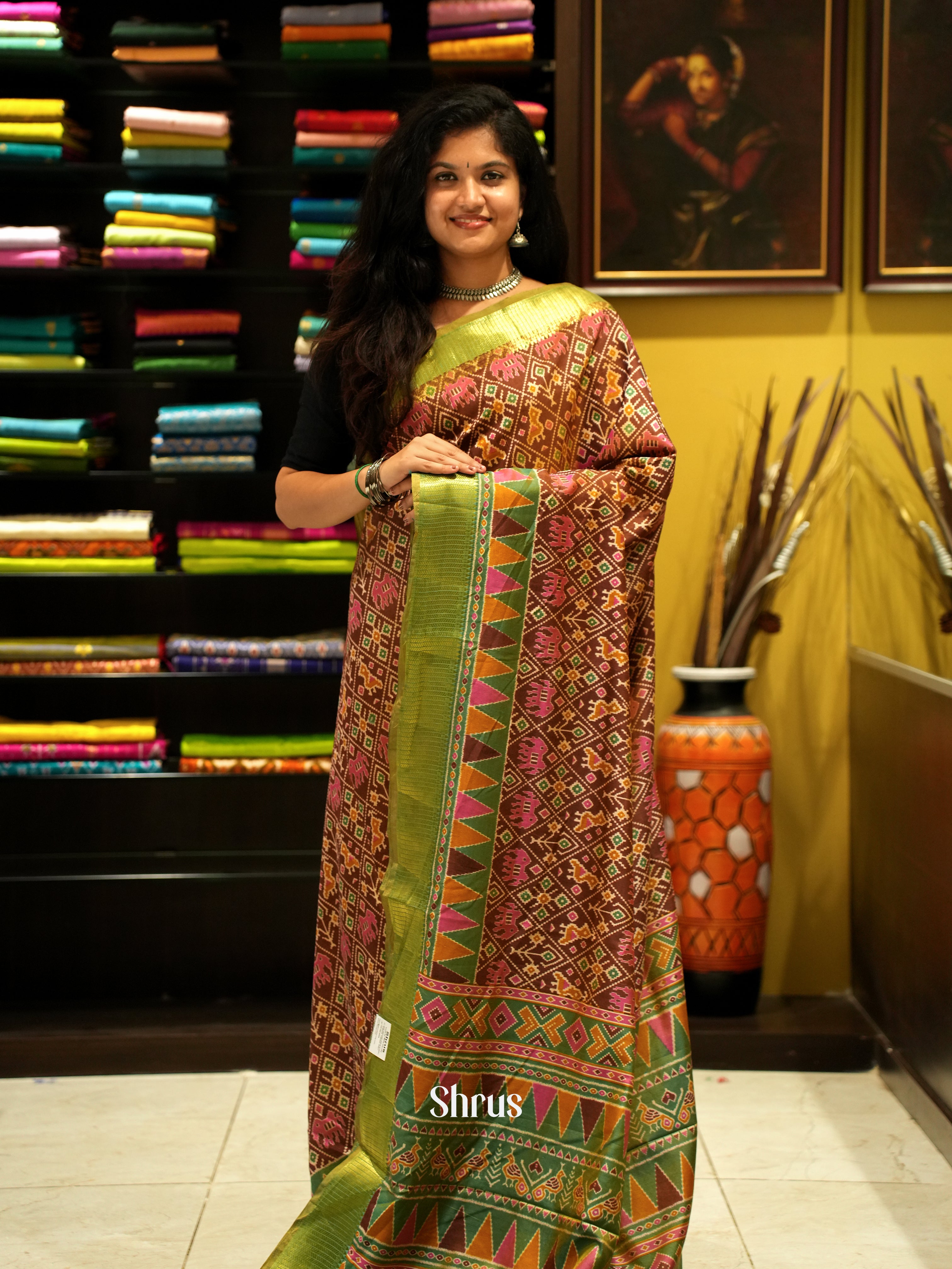 Brown & Green - Semi Patola Saree - Shop on ShrusEternity.com