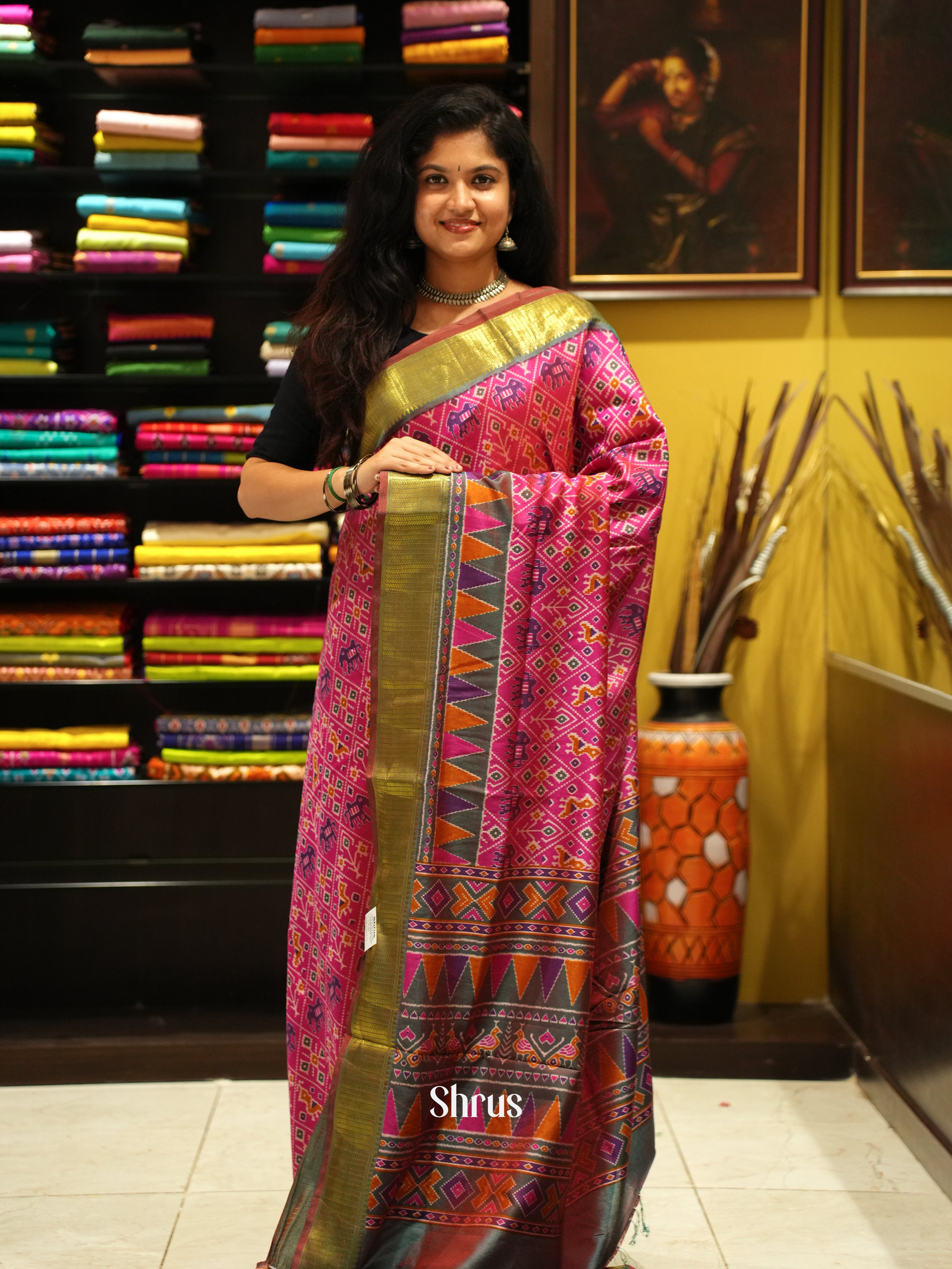Pink & Grey - Semi Patola Saree - Shop on ShrusEternity.com