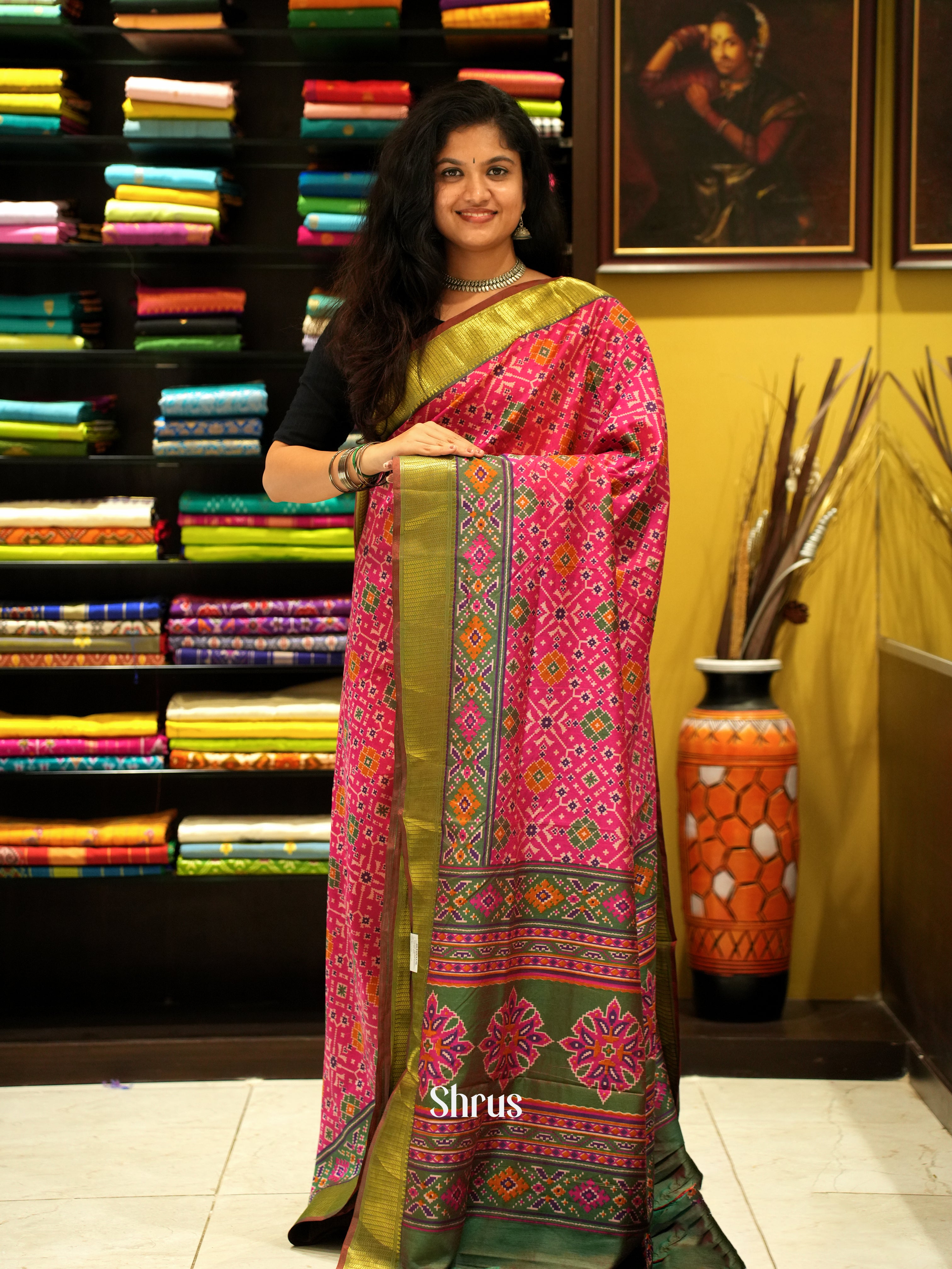Pink & Green - Semi Patola Saree - Shop on ShrusEternity.com