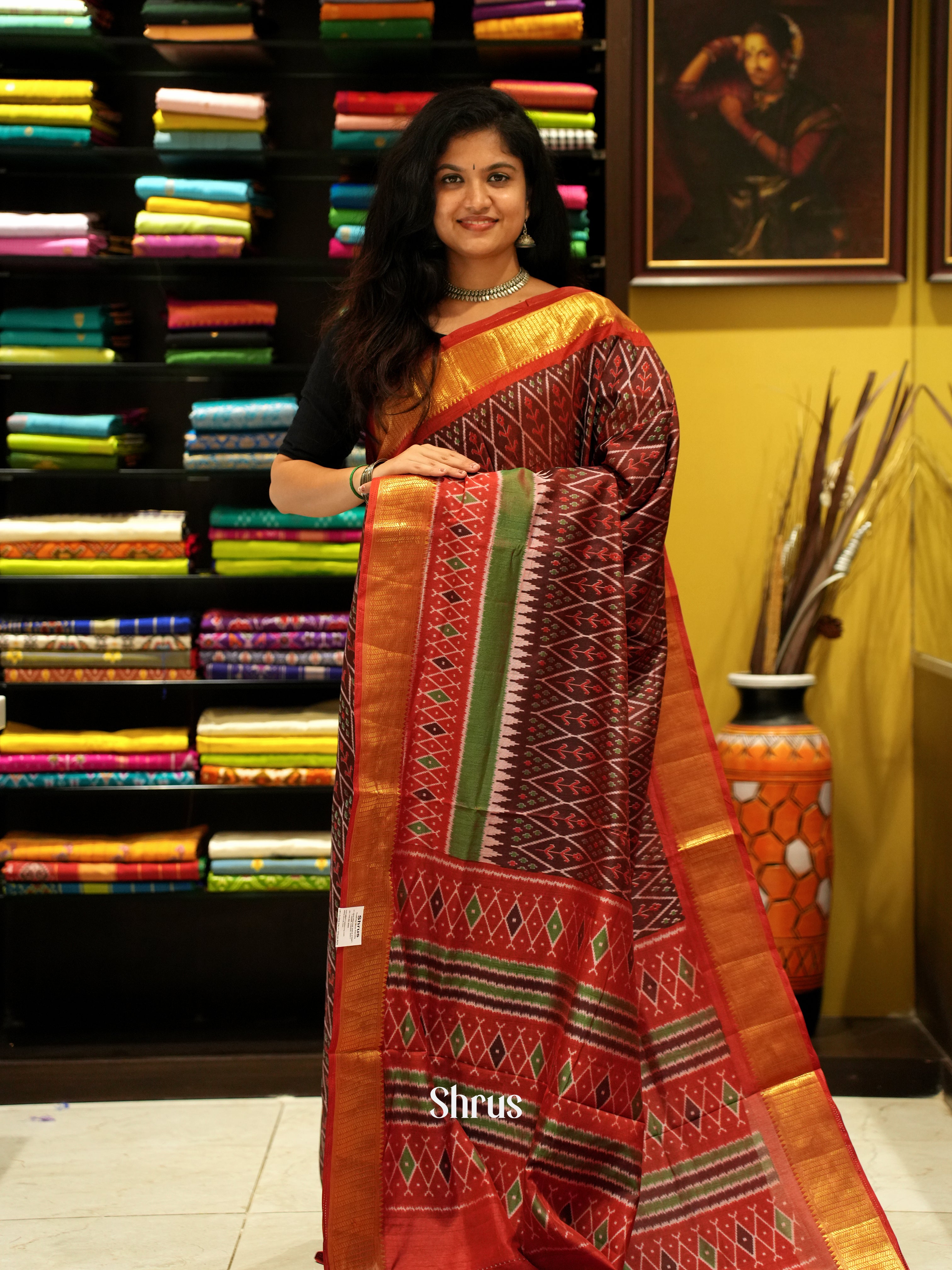 Brown & Red - Semi Patola Saree - Shop on ShrusEternity.com