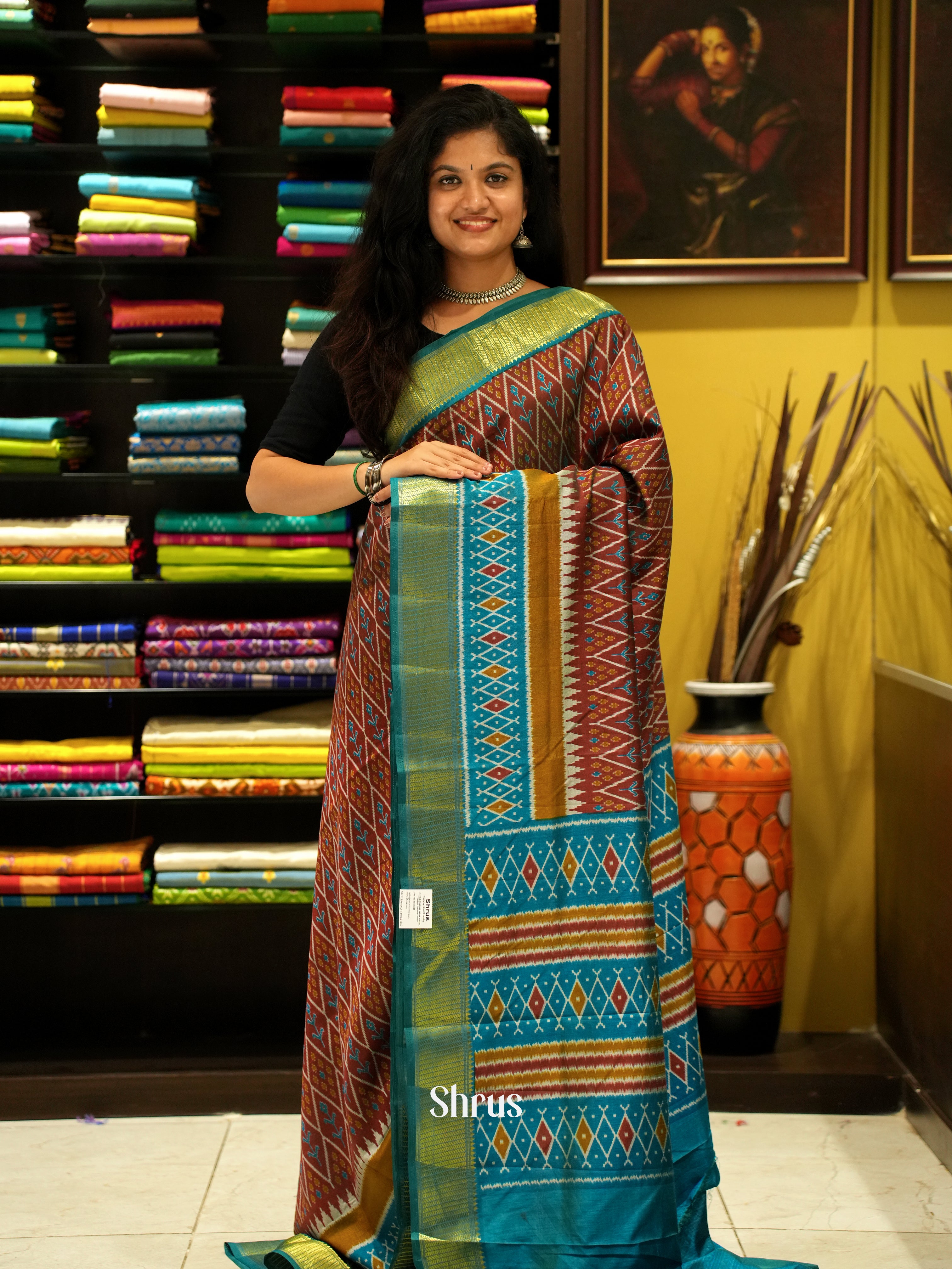 Brown & Teal - Semi Patola Saree - Shop on ShrusEternity.com