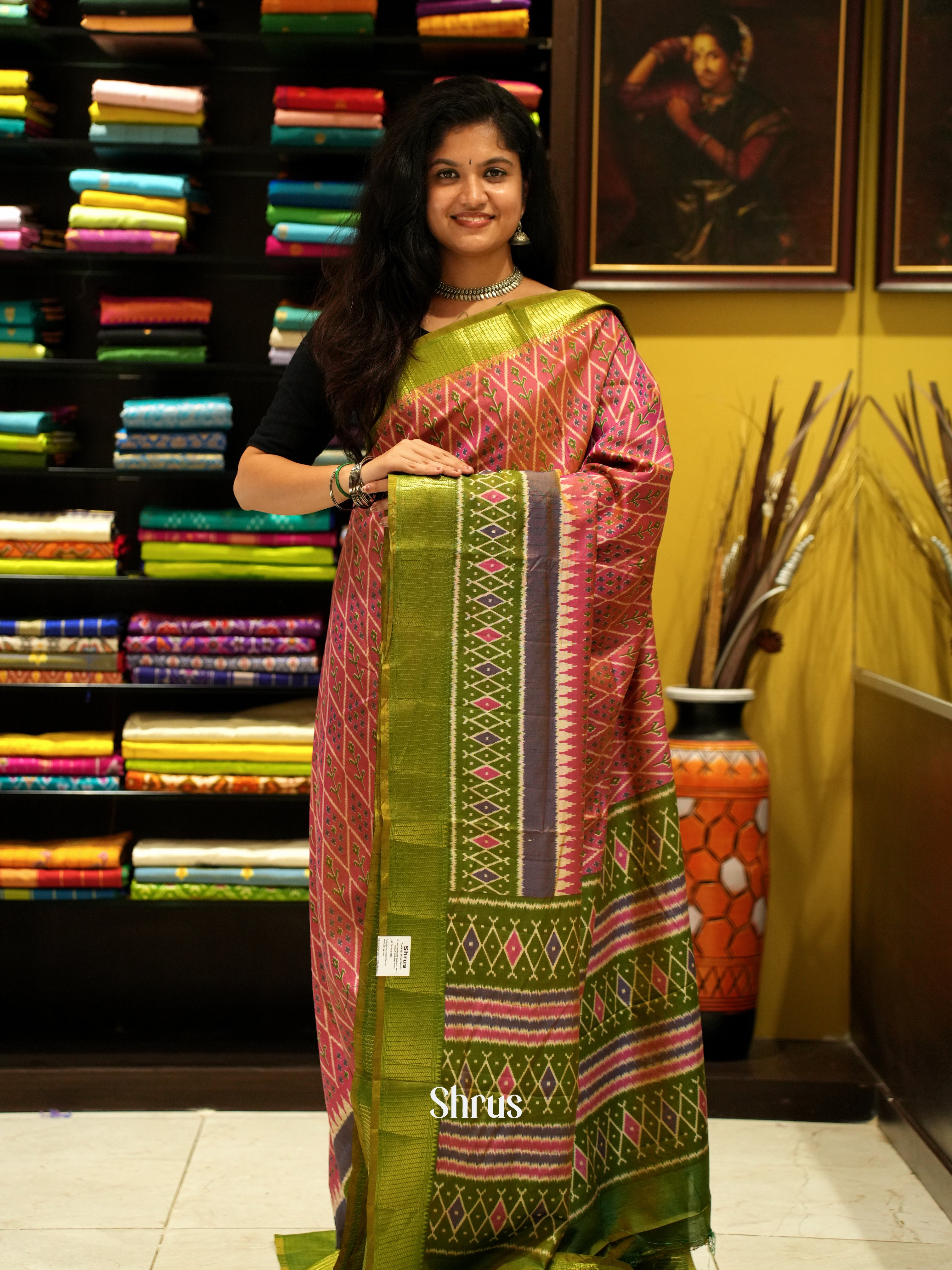 Pink & Green - Semi Patola Saree - Shop on ShrusEternity.com