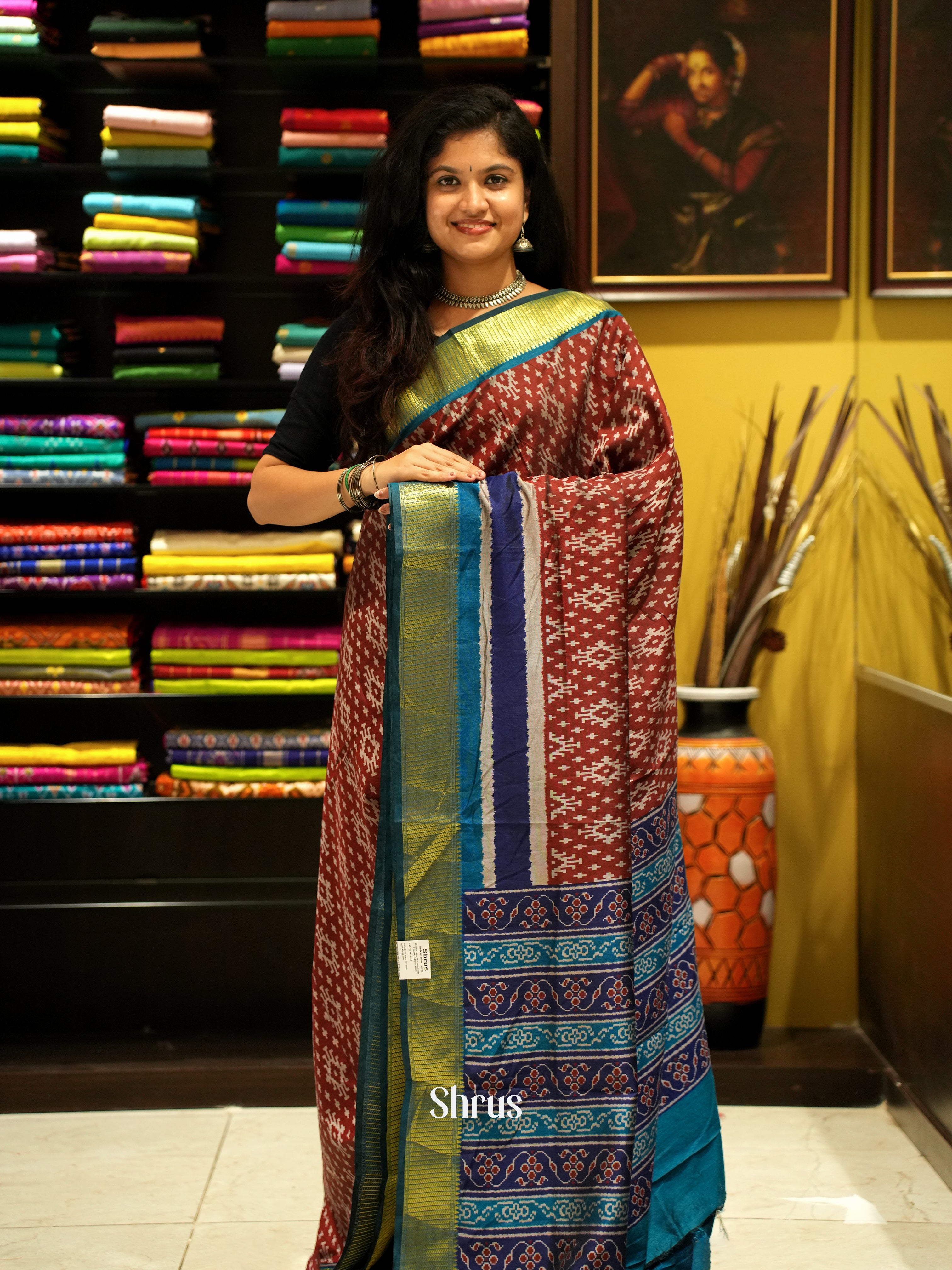 Brown & Blue - Semi Patola Saree - Shop on ShrusEternity.com
