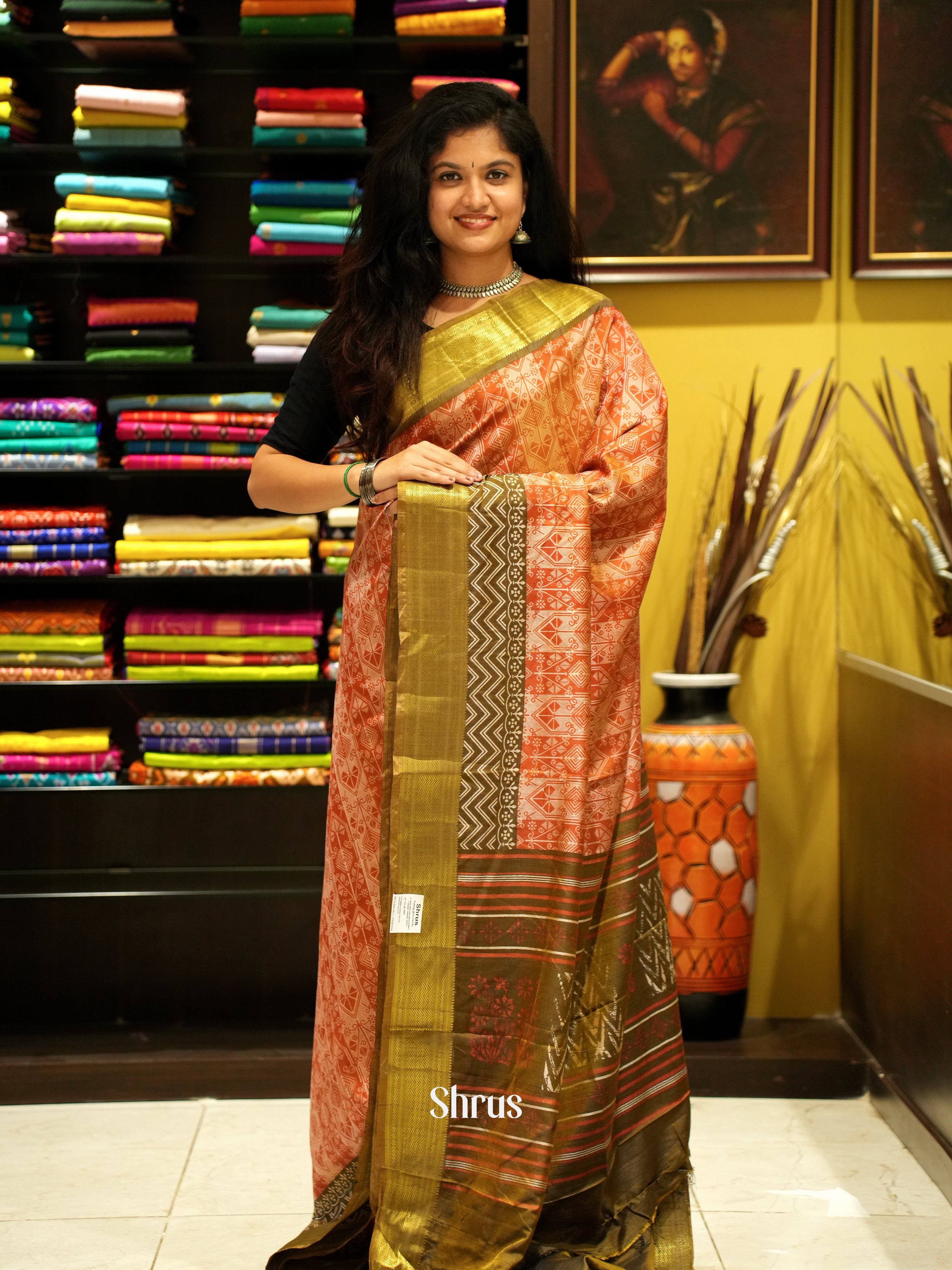 Orange & Green - Semi Patola Saree - Shop on ShrusEternity.com