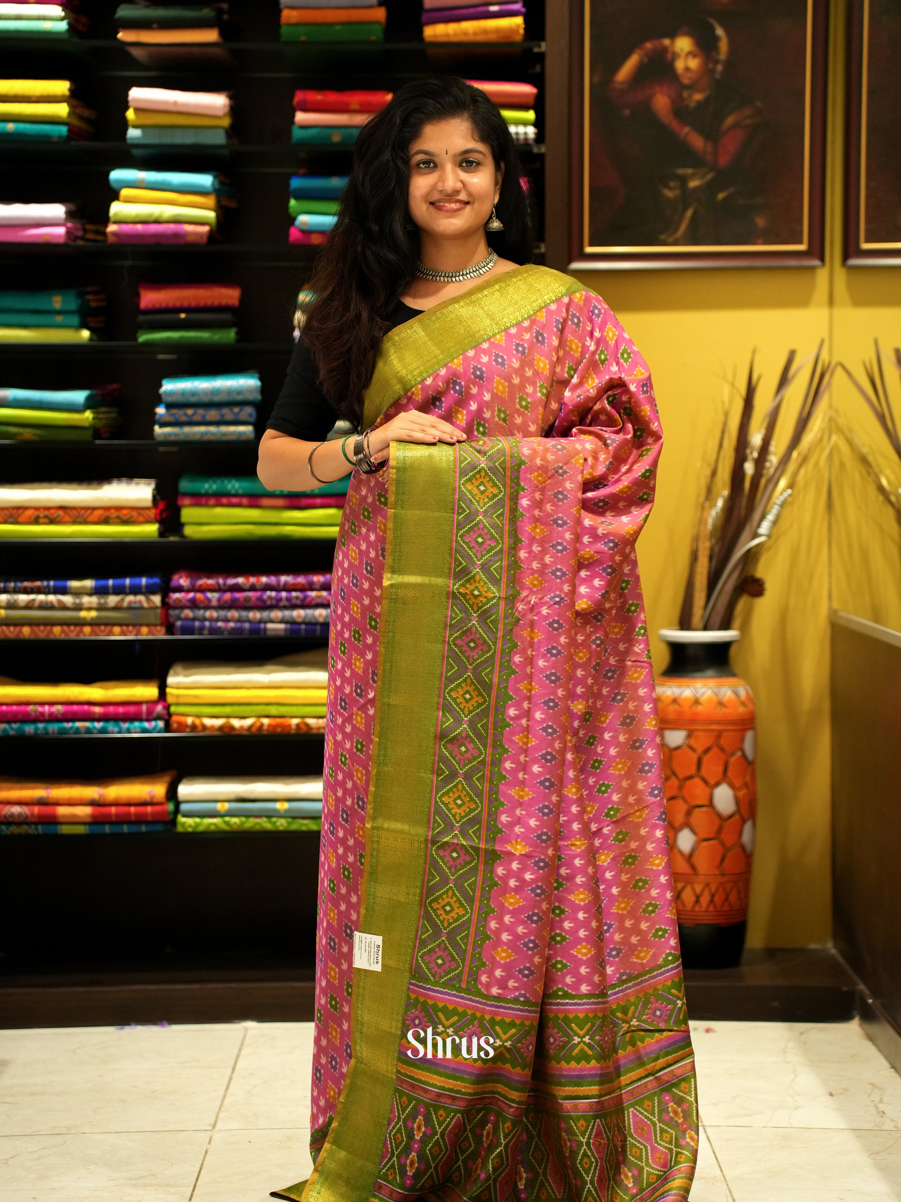 Pink & Green - Semi Patola Saree - Shop on ShrusEternity.com