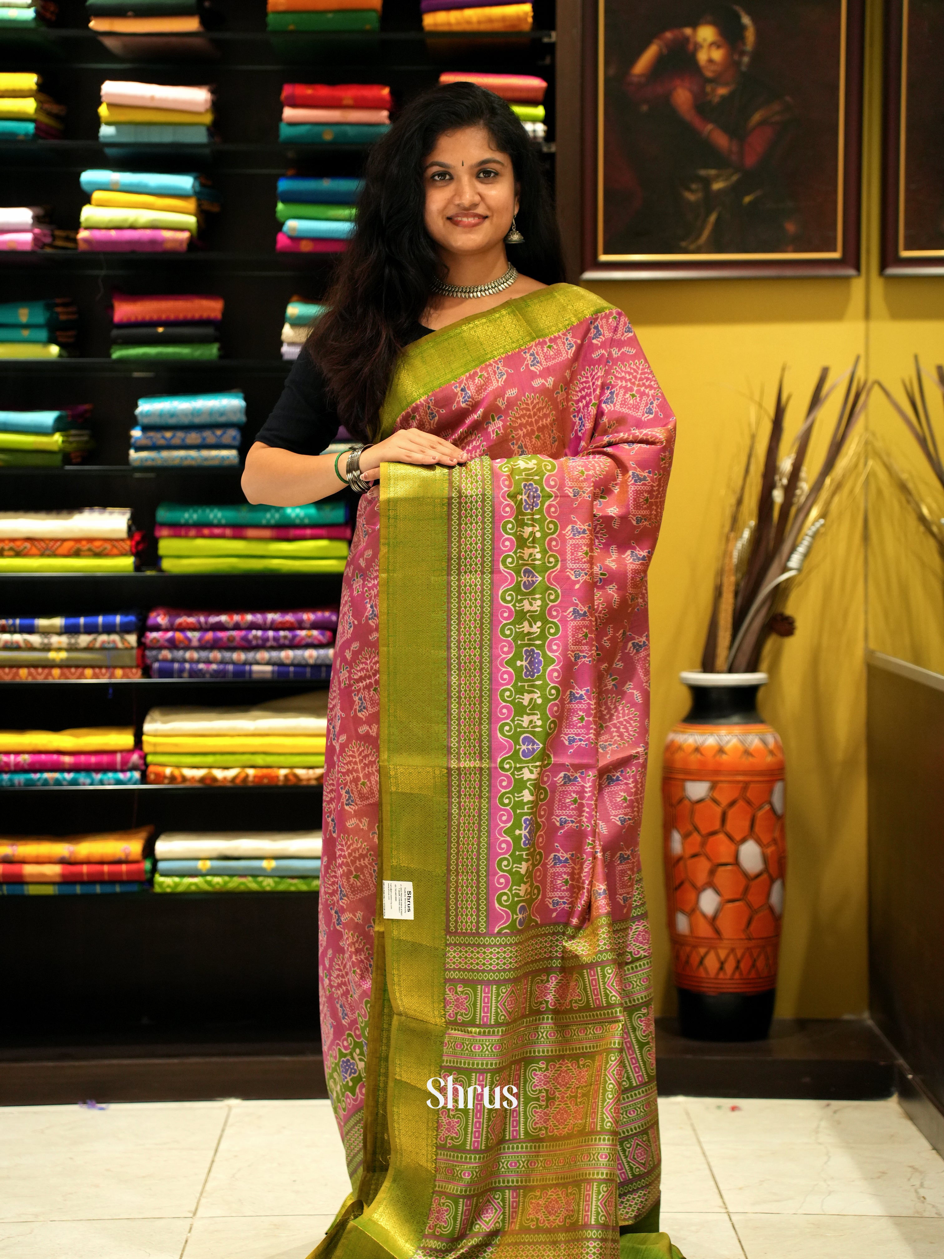 Pink & Green - Semi Patola Saree - Shop on ShrusEternity.com