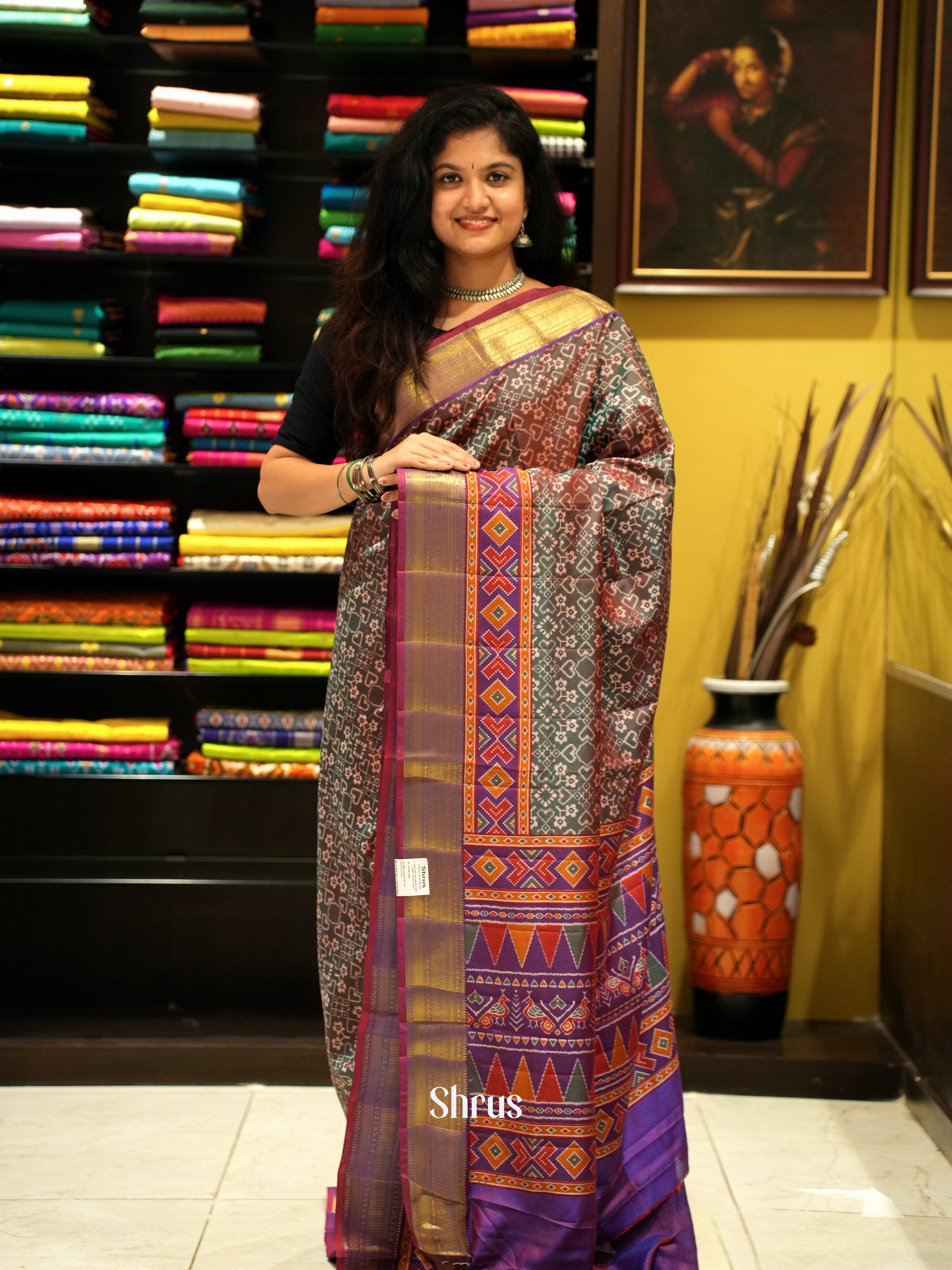 Grey & Purple - Semi Patola Saree - Shop on ShrusEternity.com