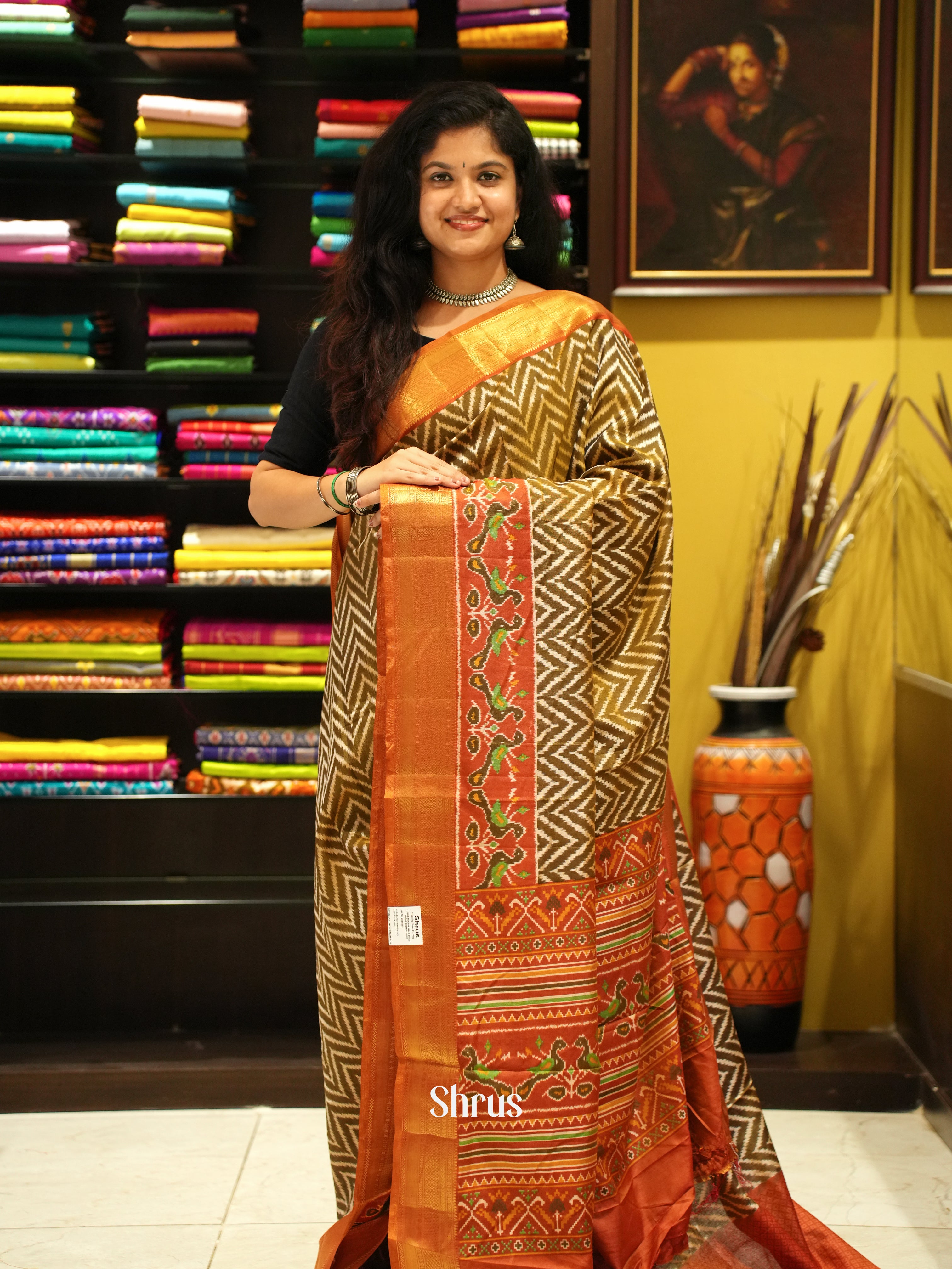 Army Green & Brick - Semi Patola Saree - Shop on ShrusEternity.com