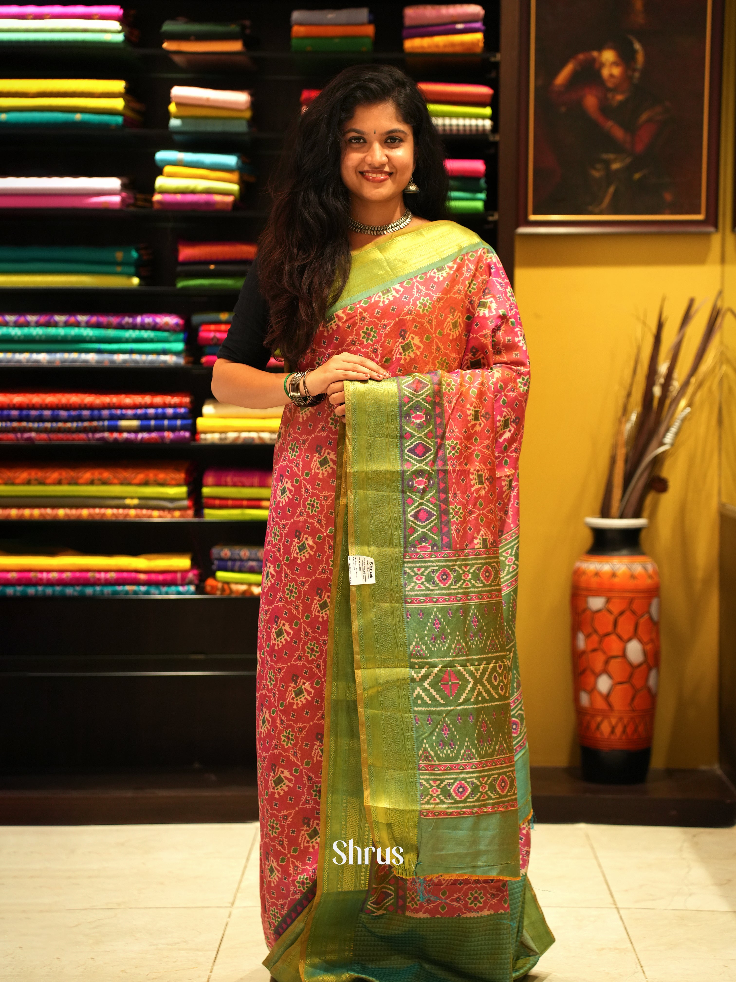 Pink & Green - Semi Patola Saree - Shop on ShrusEternity.com