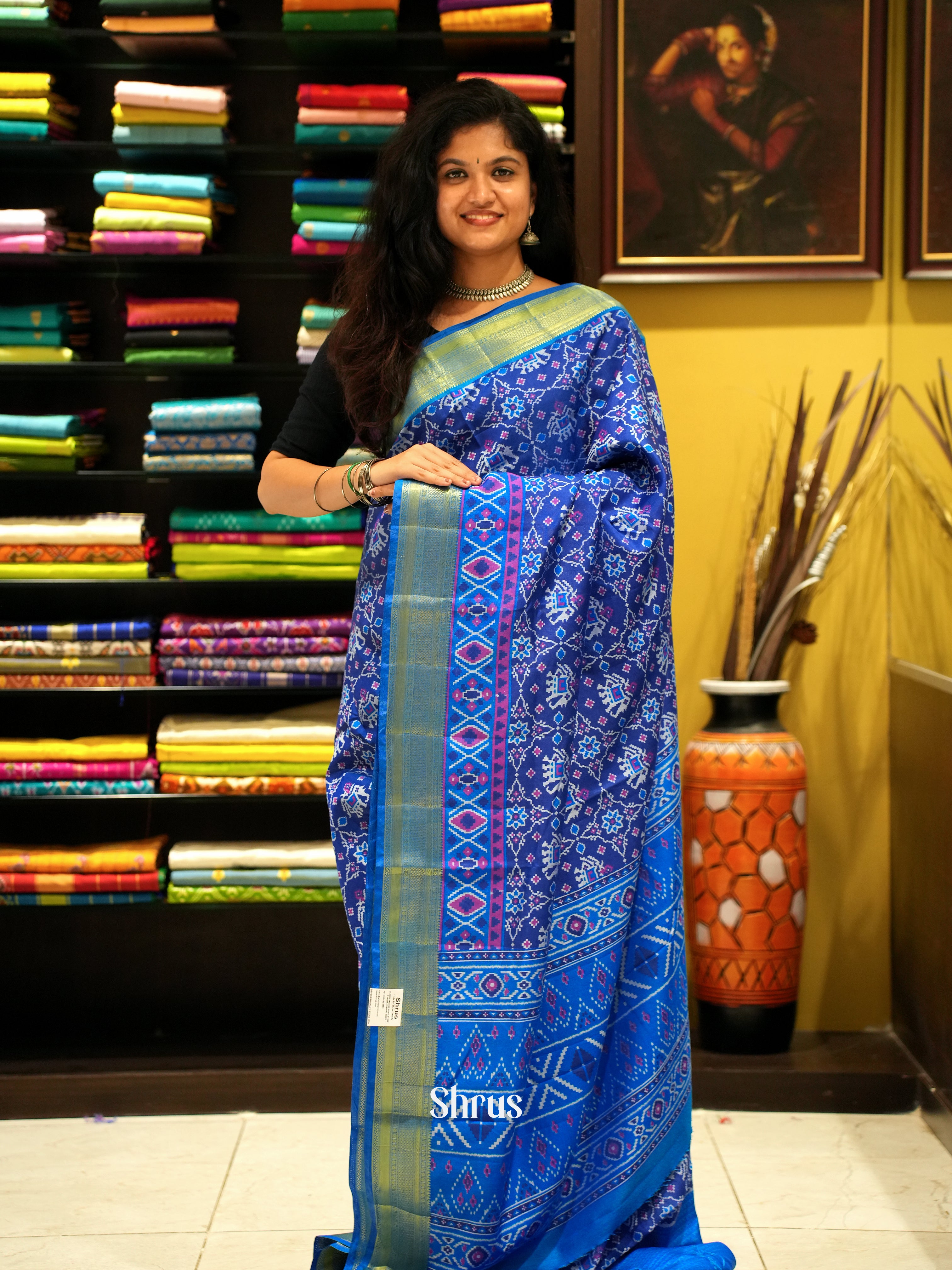 Blue(Single Tone) - Semi Patola Saree - Shop on ShrusEternity.com