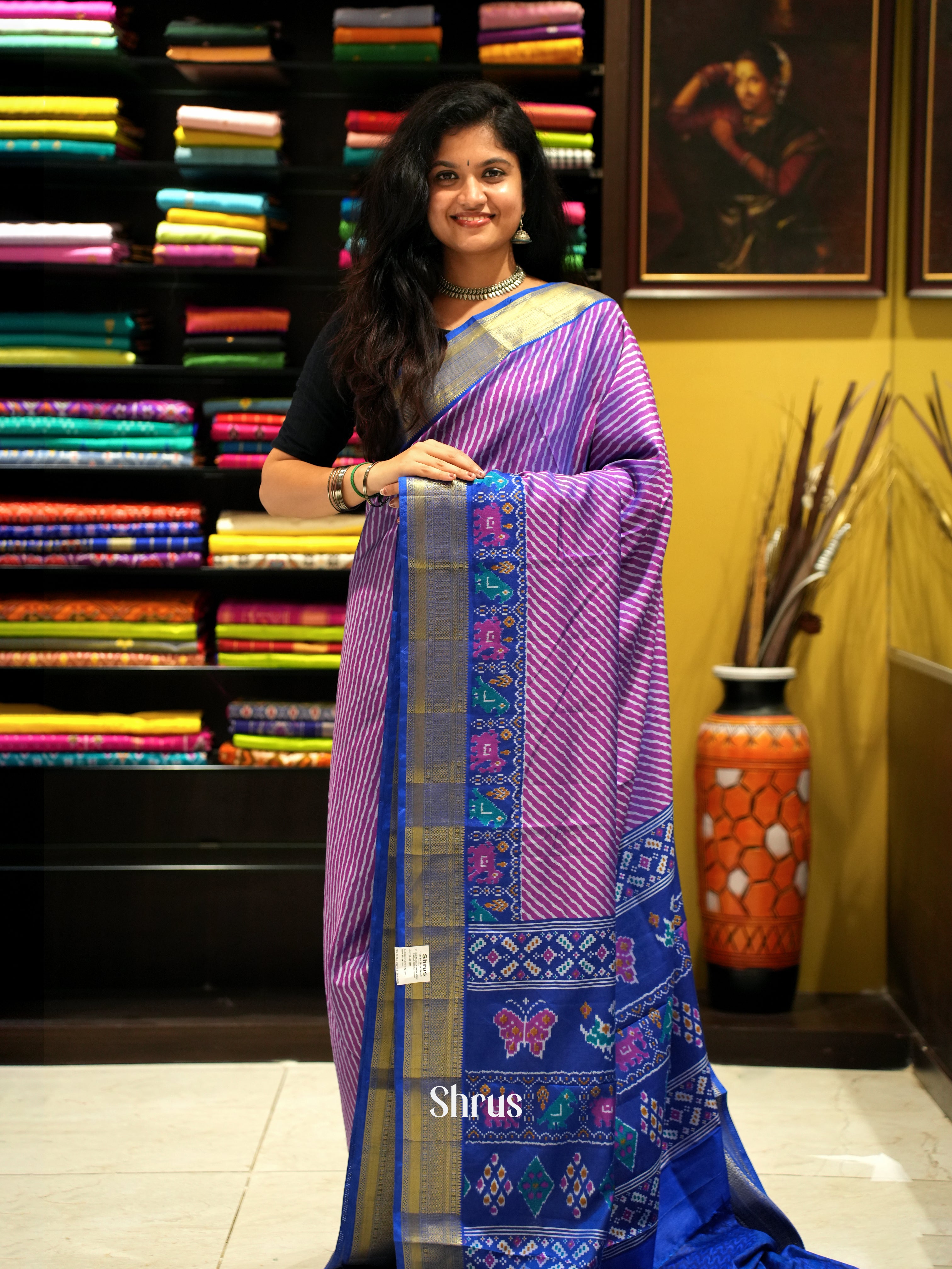 Pink & Blue - Semi Patola Saree - Shop on ShrusEternity.com