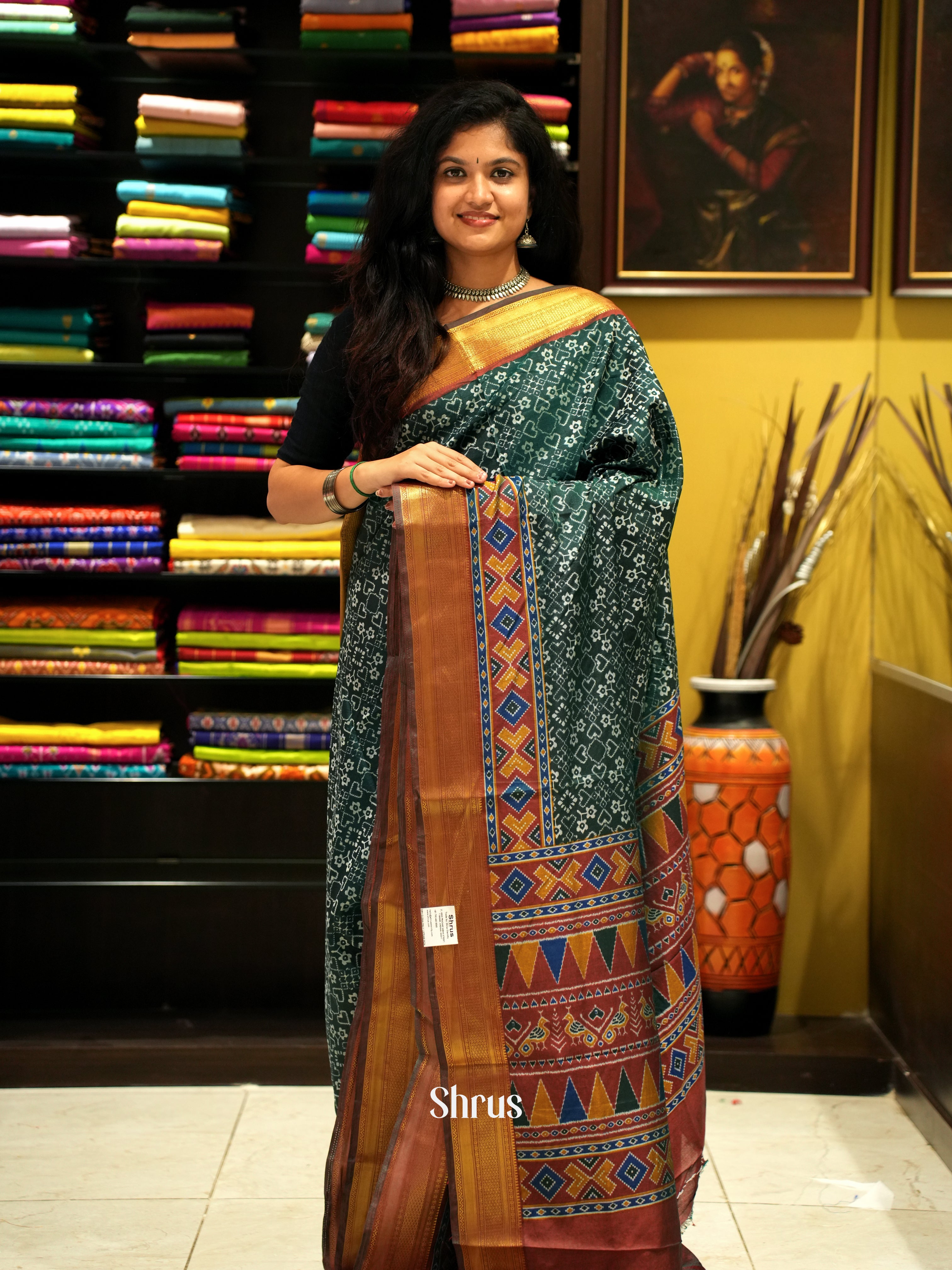 Green & Brown - Semi Patola Saree - Shop on ShrusEternity.com
