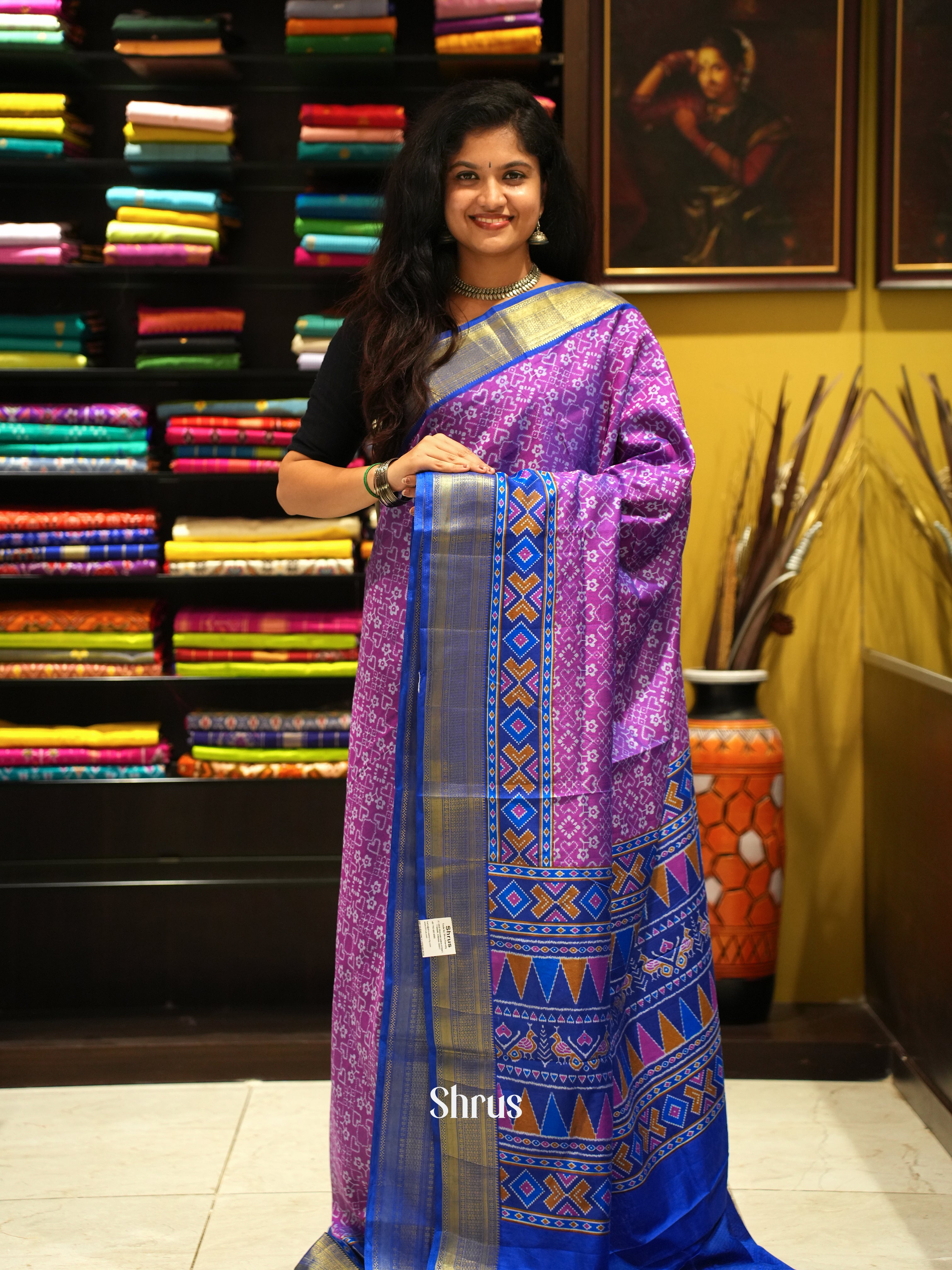 Pink & Blue - Semi Patola Saree - Shop on ShrusEternity.com