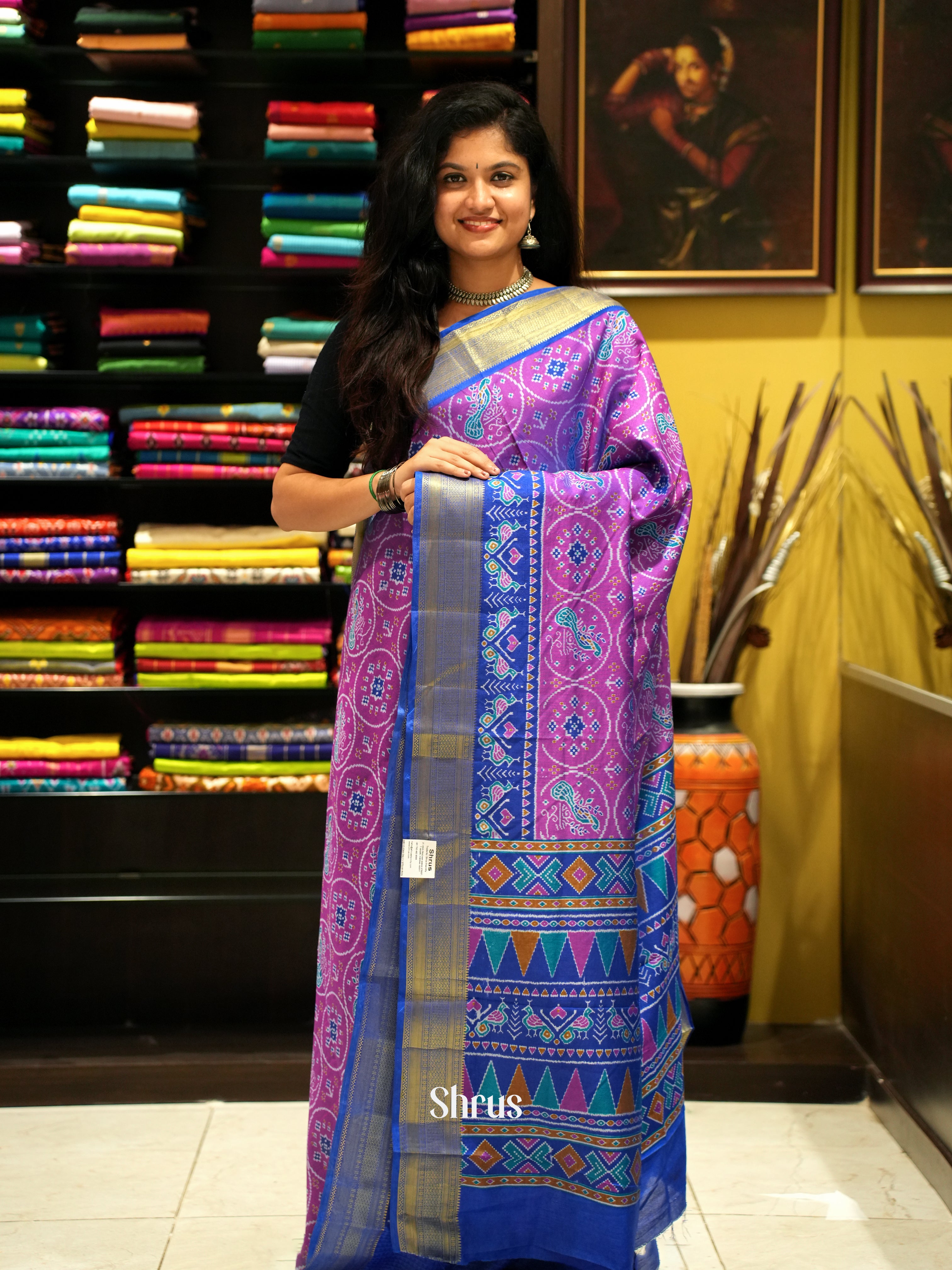 Pink & Blue - Semi Patola Saree - Shop on ShrusEternity.com