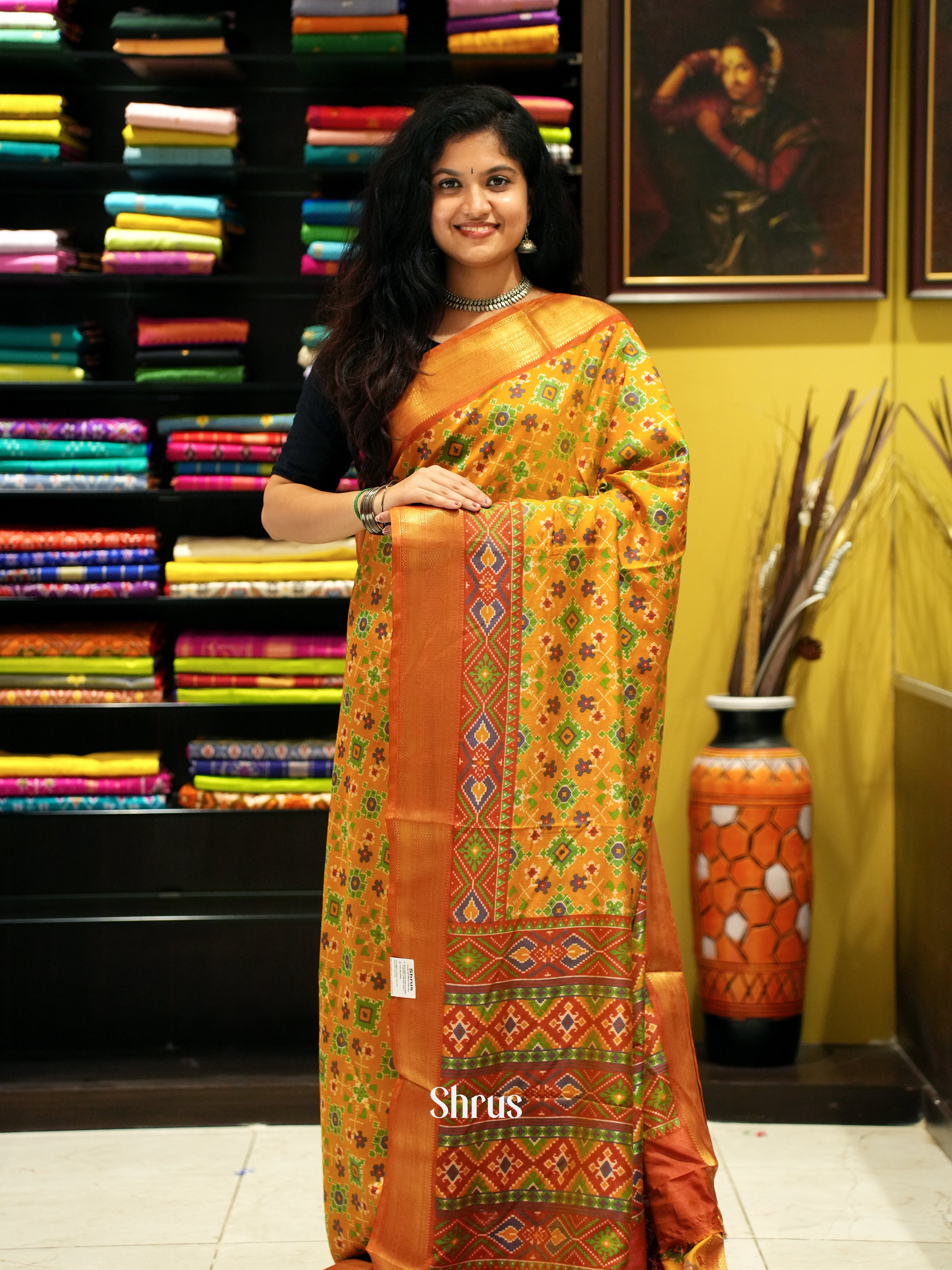 Mustard & Orange - Semi Patola Saree - Shop on ShrusEternity.com