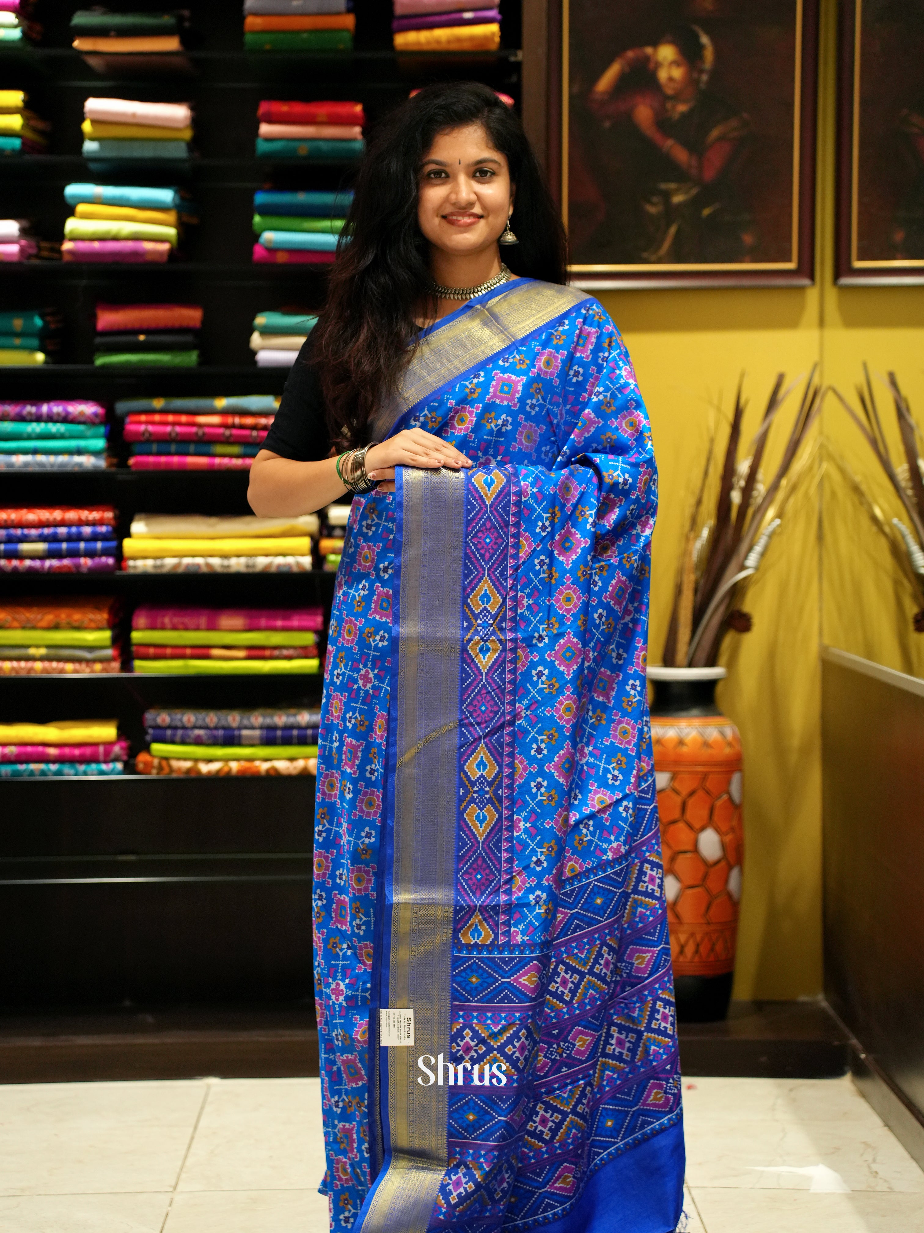 Blue(Single Tone) - Semi Patola Saree - Shop on ShrusEternity.com