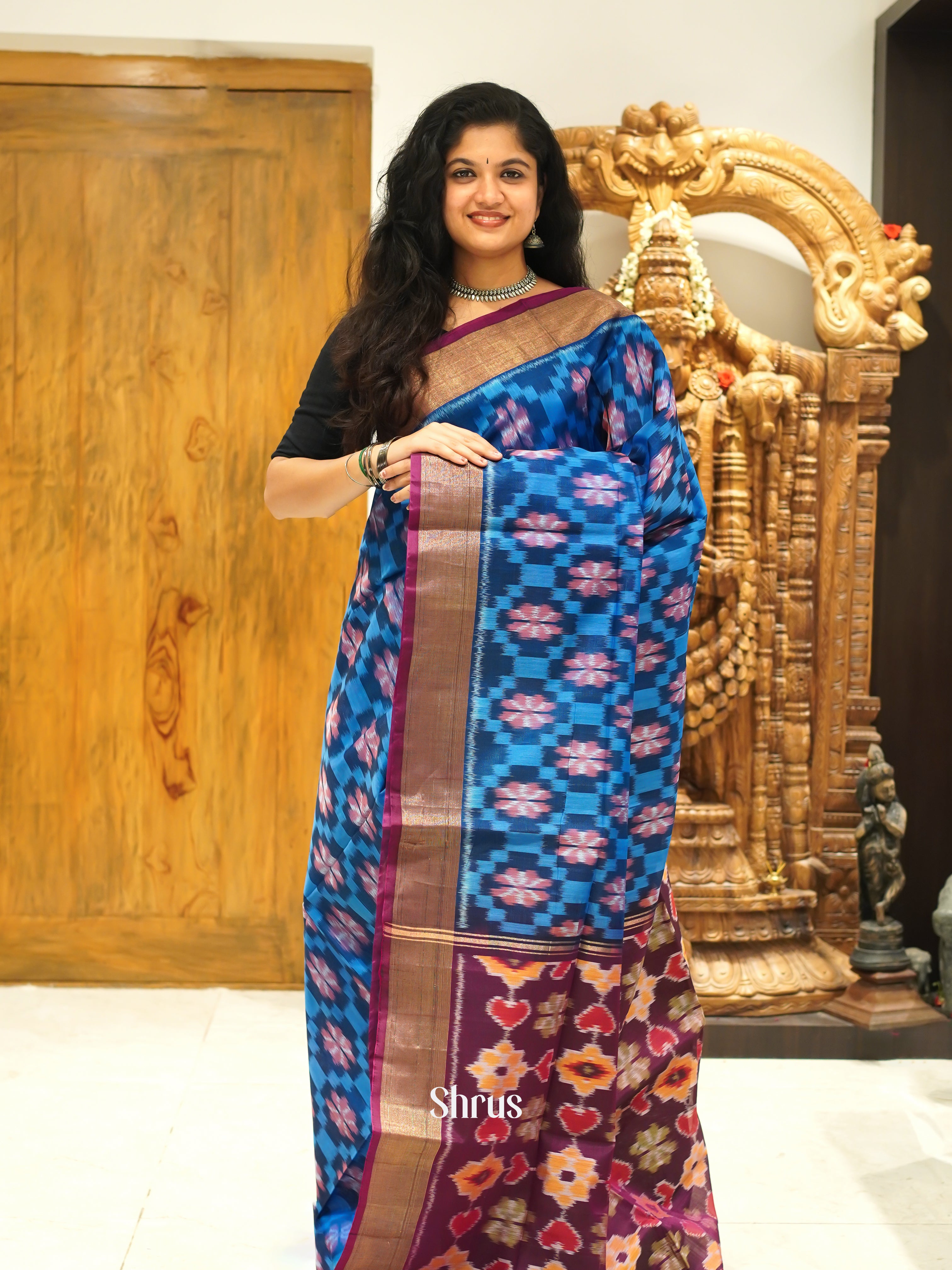 Blue & Wine - Pochampally sico Saree - Shop on ShrusEternity.com