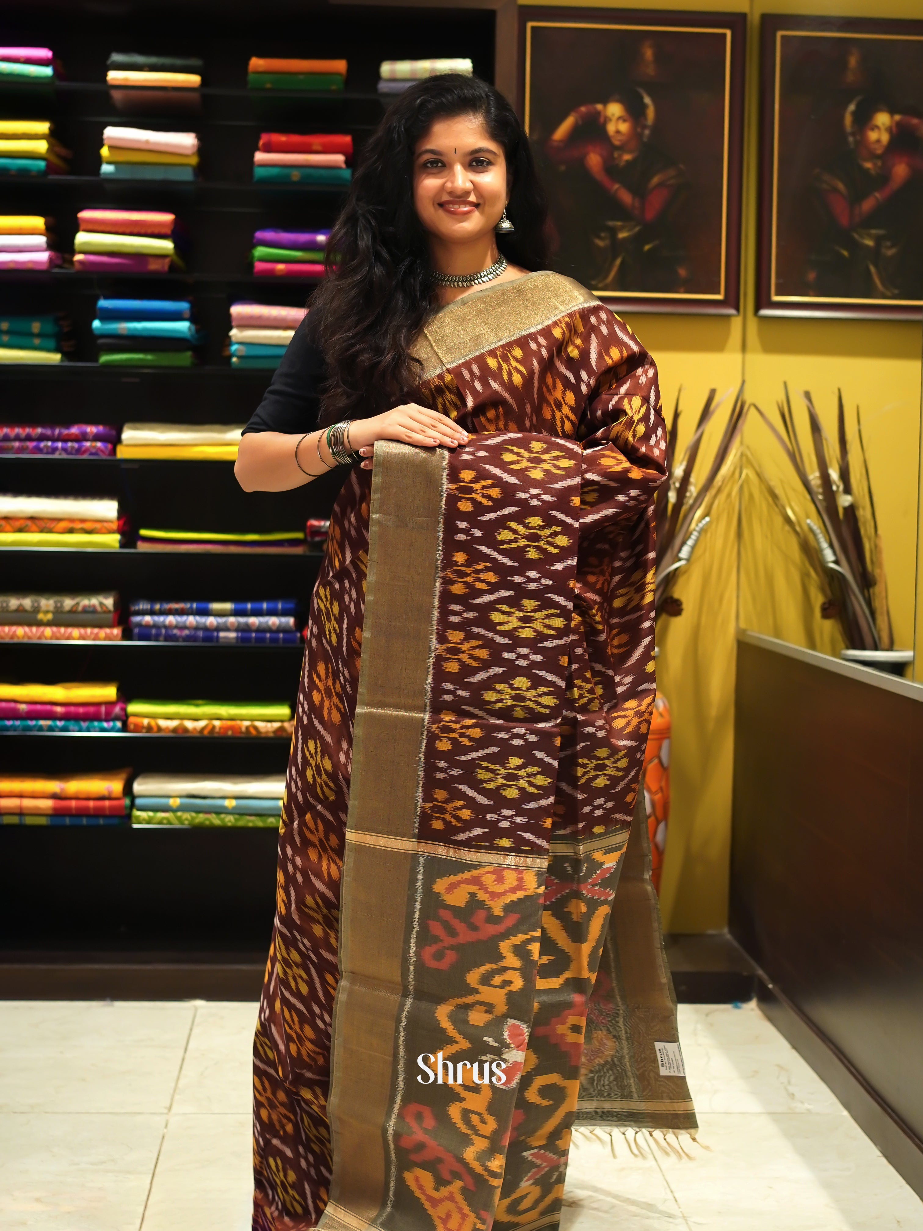 Brown & Grey - Pochampally sico Saree - Shop on ShrusEternity.com