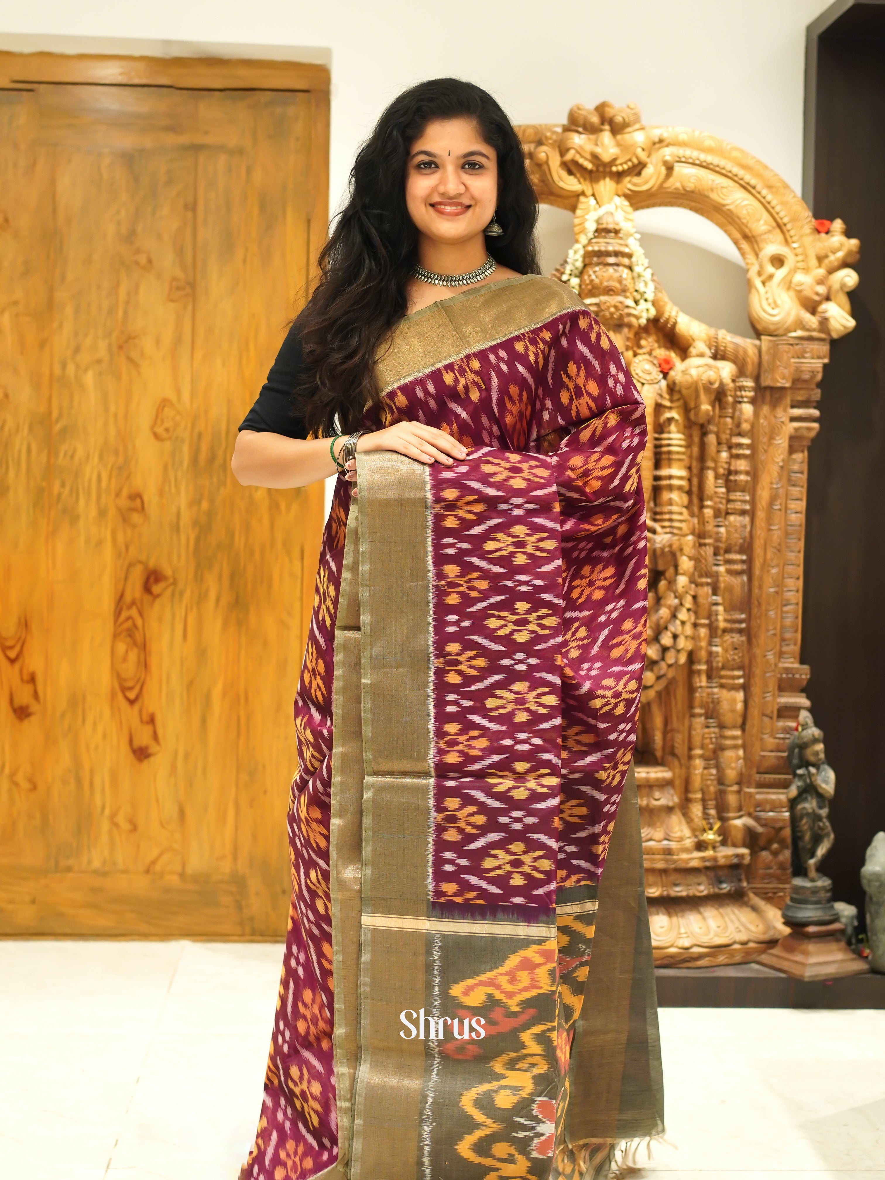 Maroon & Grey - Pochampally sico Saree - Shop on ShrusEternity.com