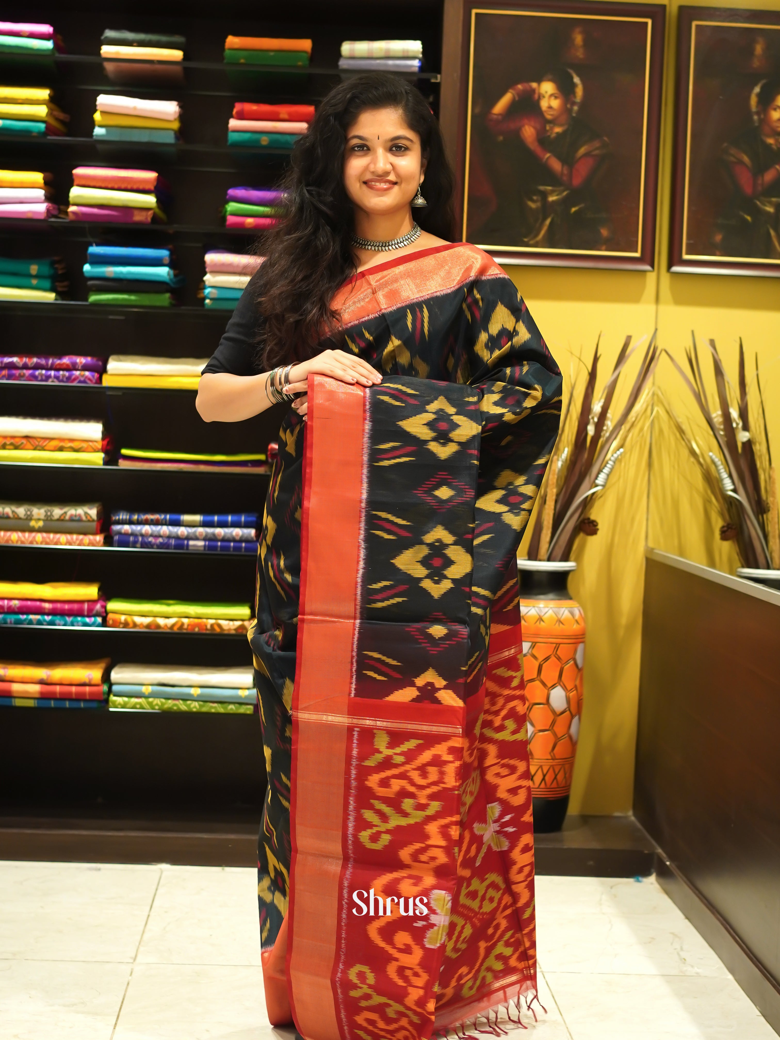 Black & Red - Pochampally sico Saree - Shop on ShrusEternity.com