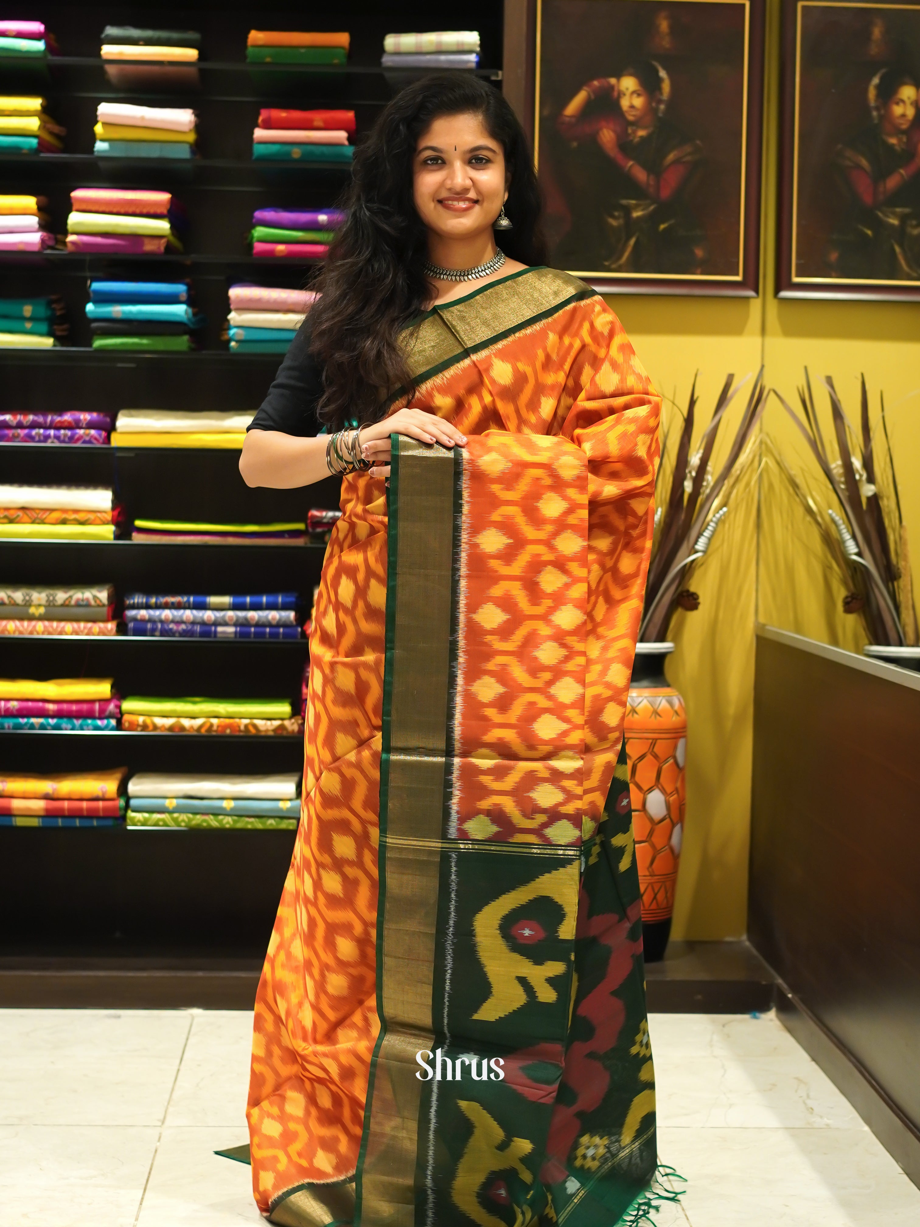 Orange & Green - Pochampally Sico Saree - Shop on ShrusEternity.com