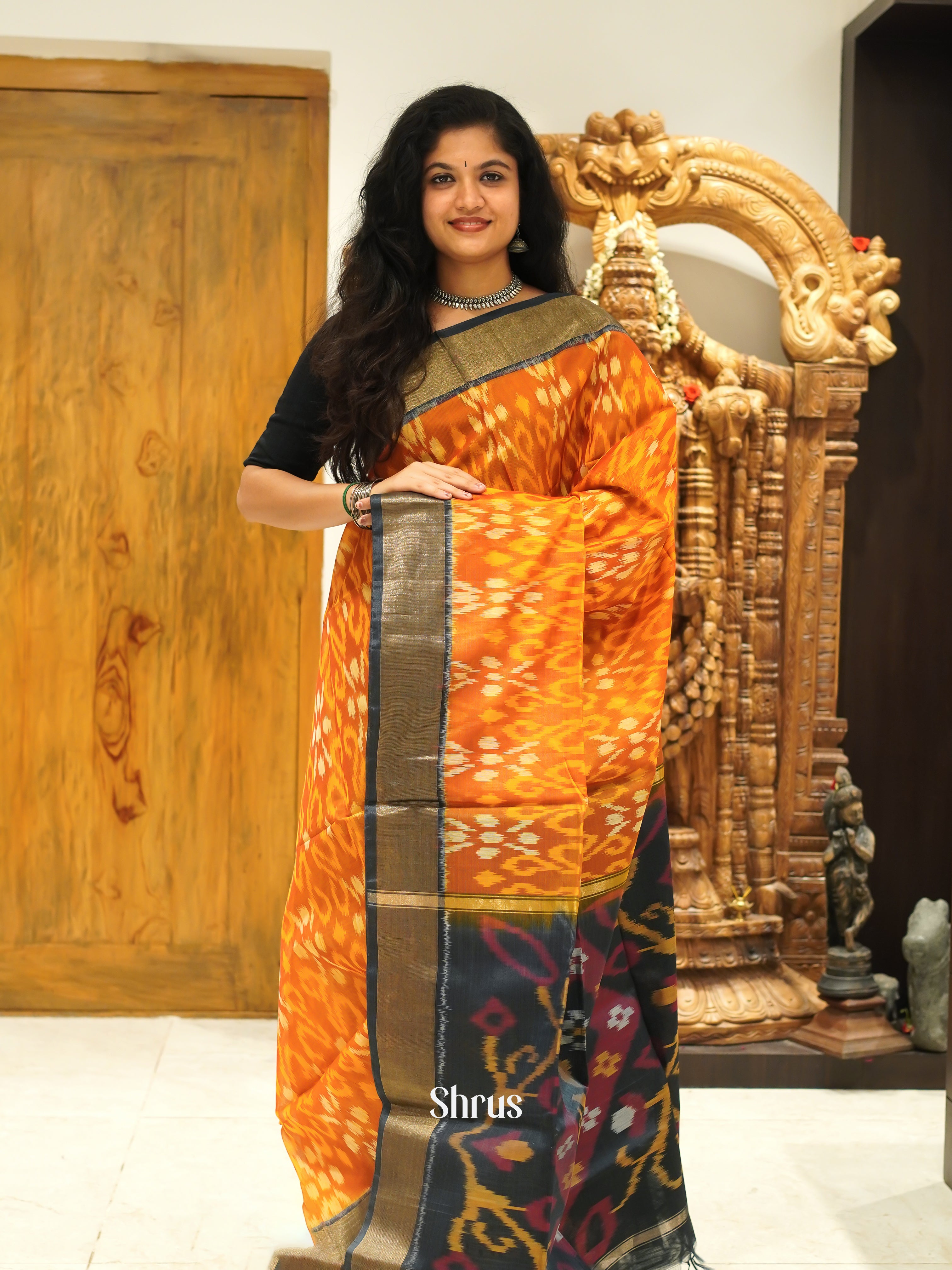 Orange & Green - Pochampally sico Saree - Shop on ShrusEternity.com