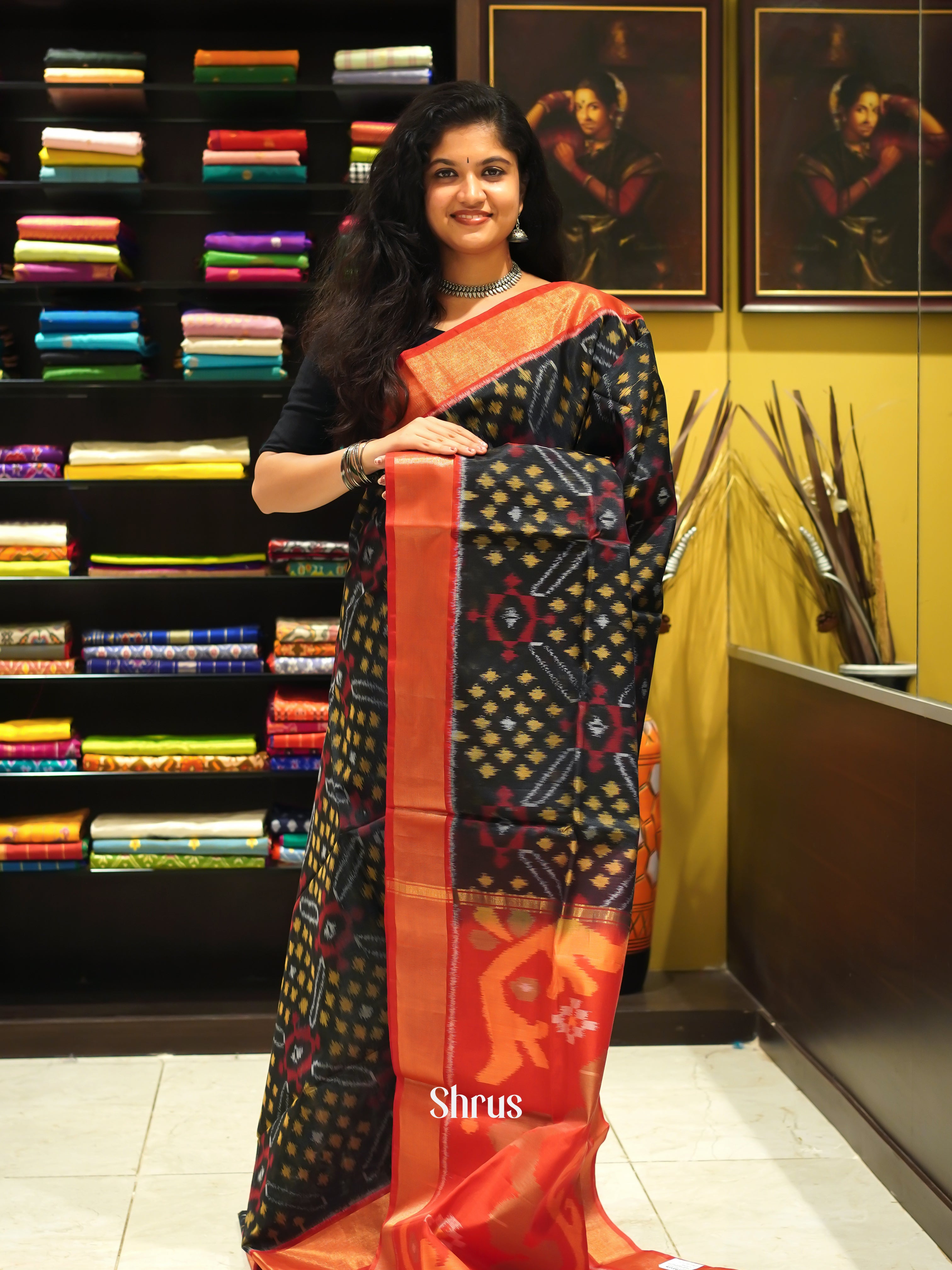 Black & Red - Pochampally sico Saree - Shop on ShrusEternity.com