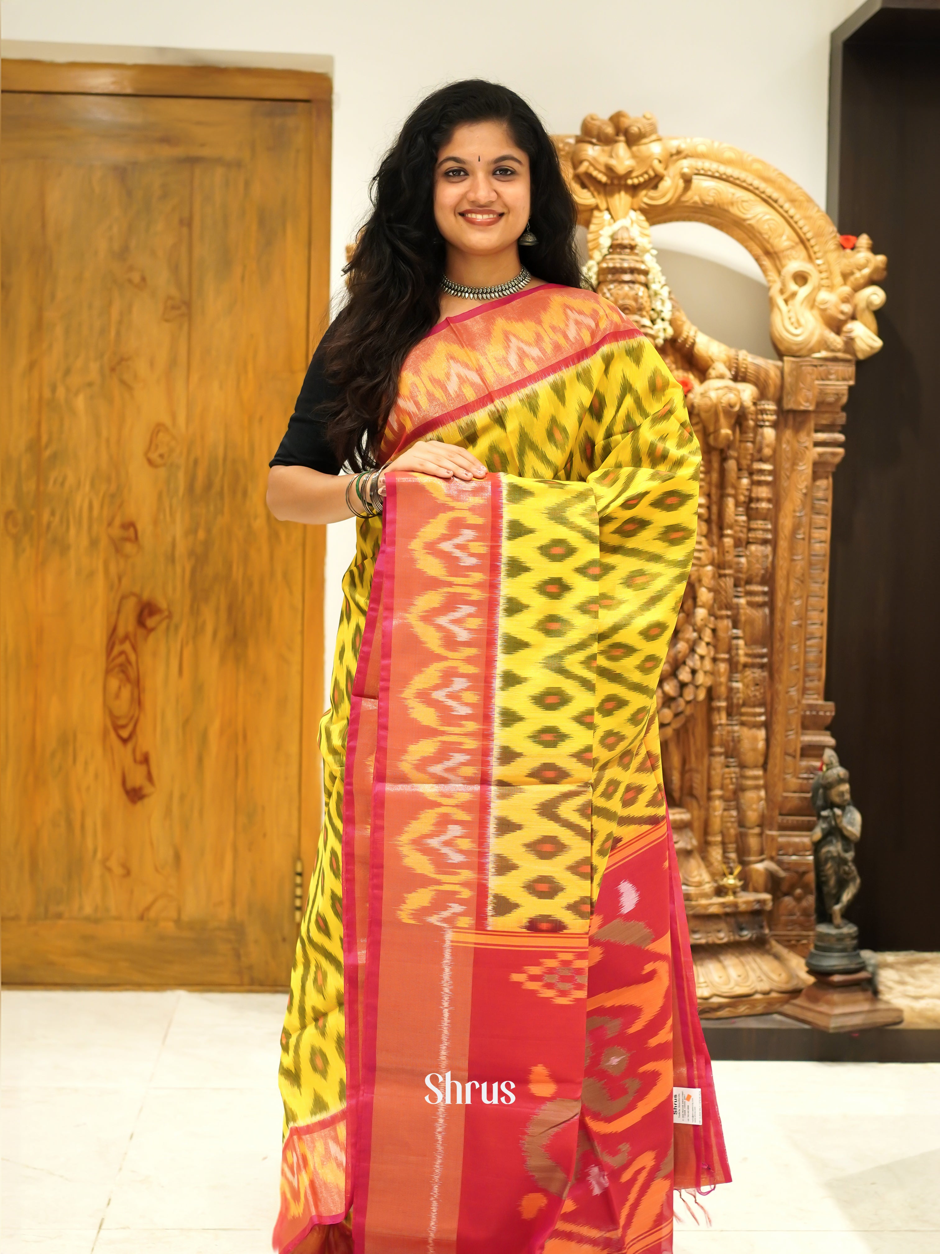 Lemon Yellow & Red - Pochampally sico Saree - Shop on ShrusEternity.com