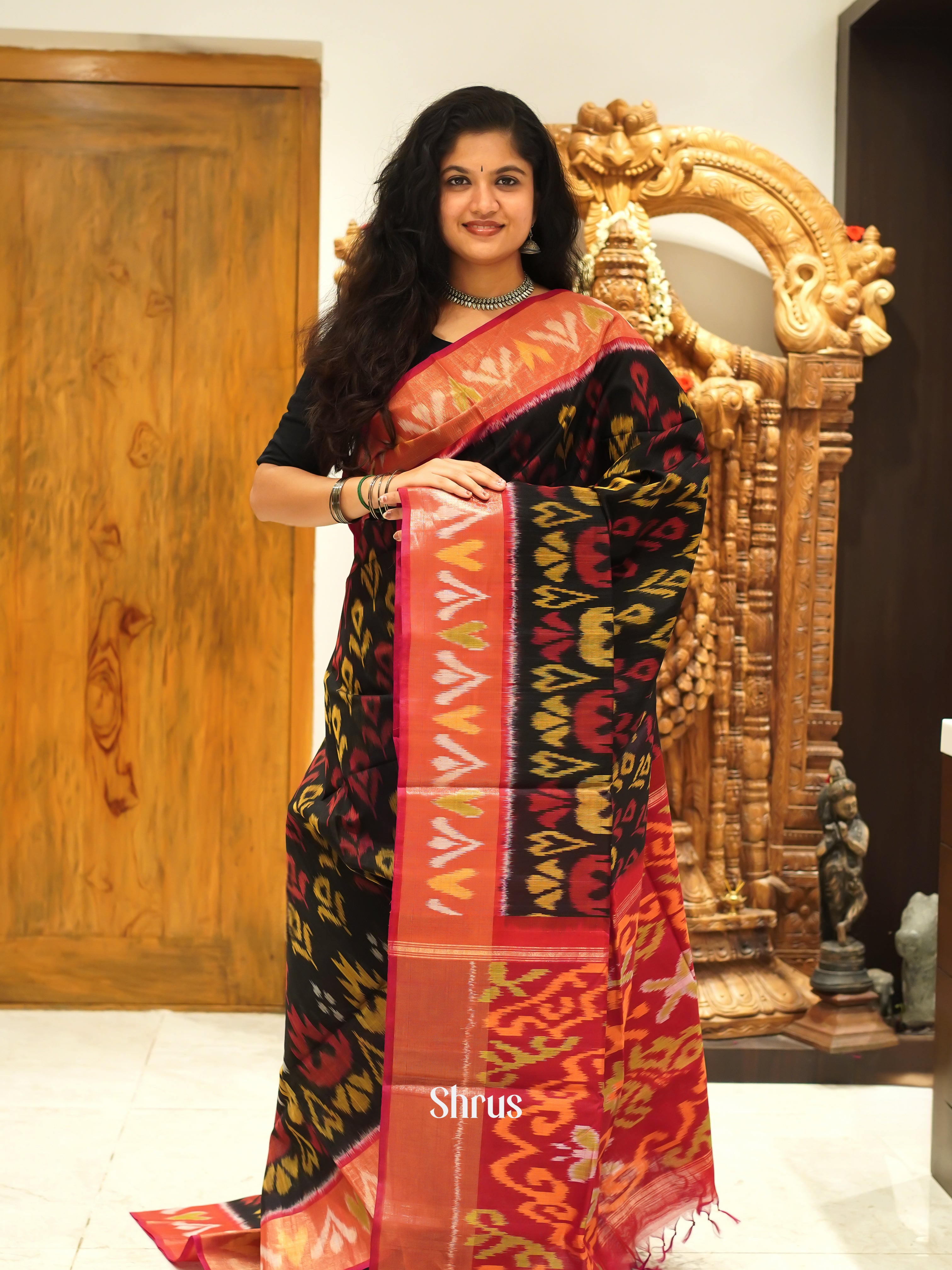 Black & Red- Pochampally sico Saree - Shop on ShrusEternity.com