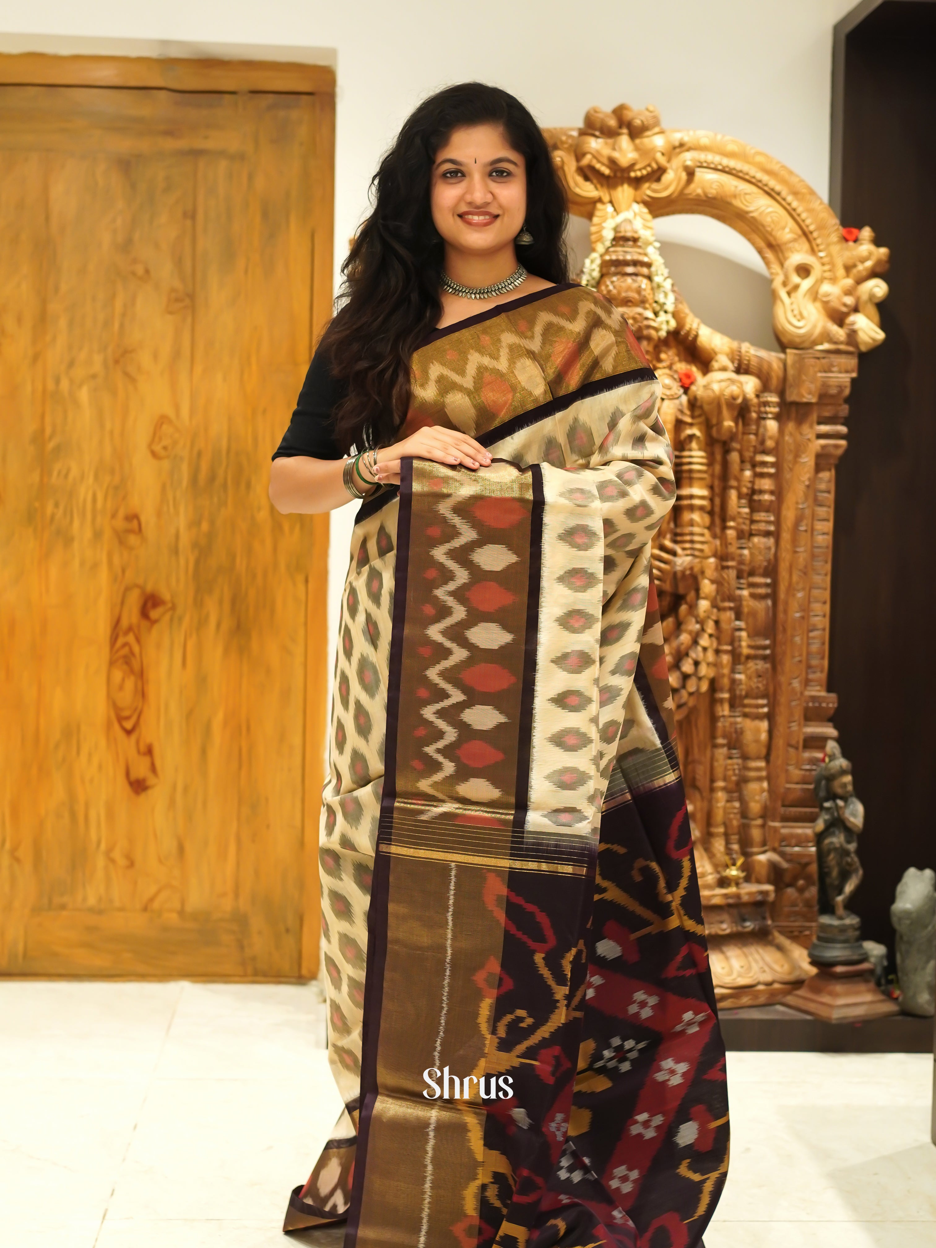 Cream & Black - Pochampally sico Saree - Shop on ShrusEternity.com
