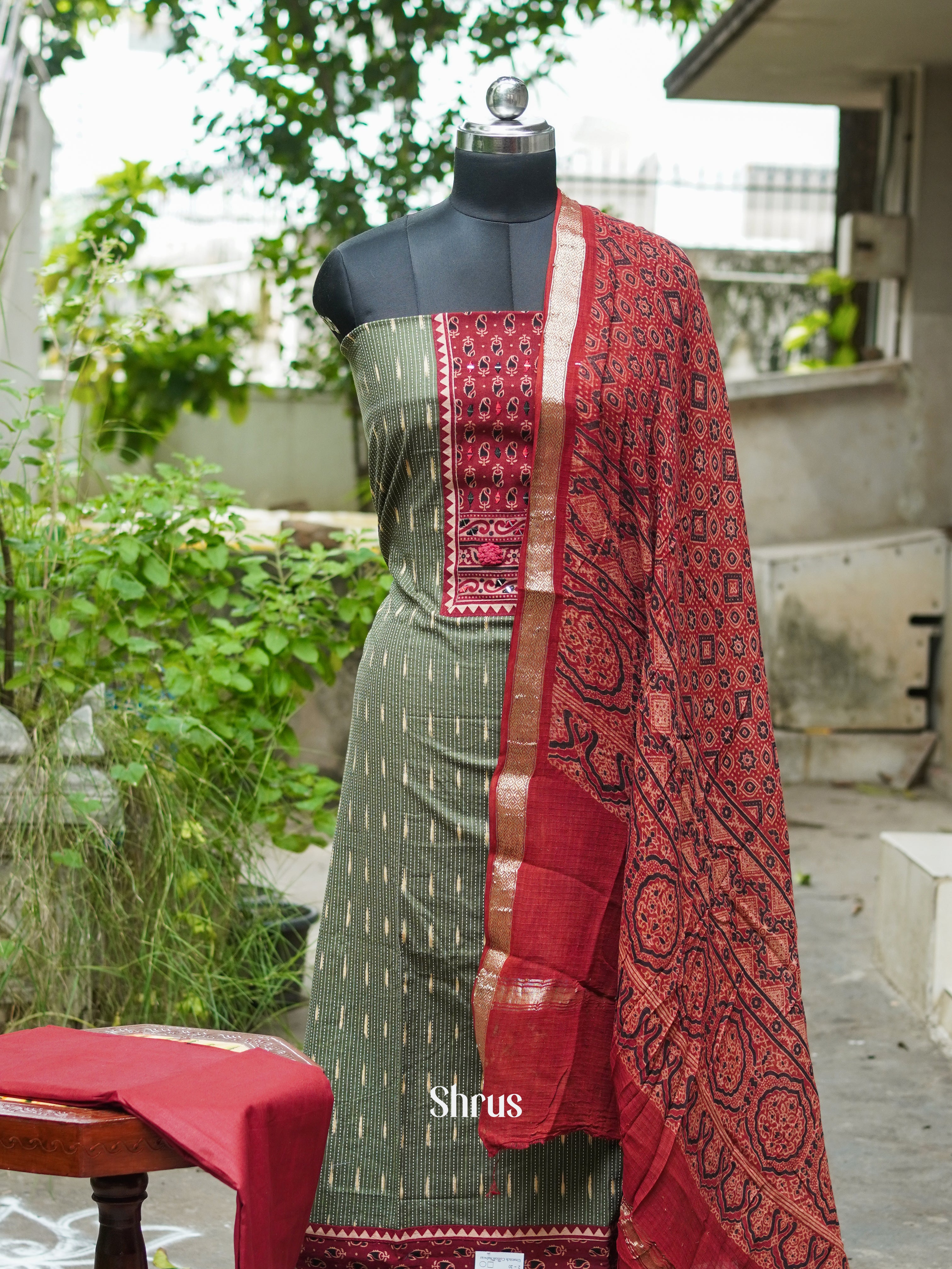 Greenish Grey & Red - Cotton salwar - Shop on ShrusEternity.com