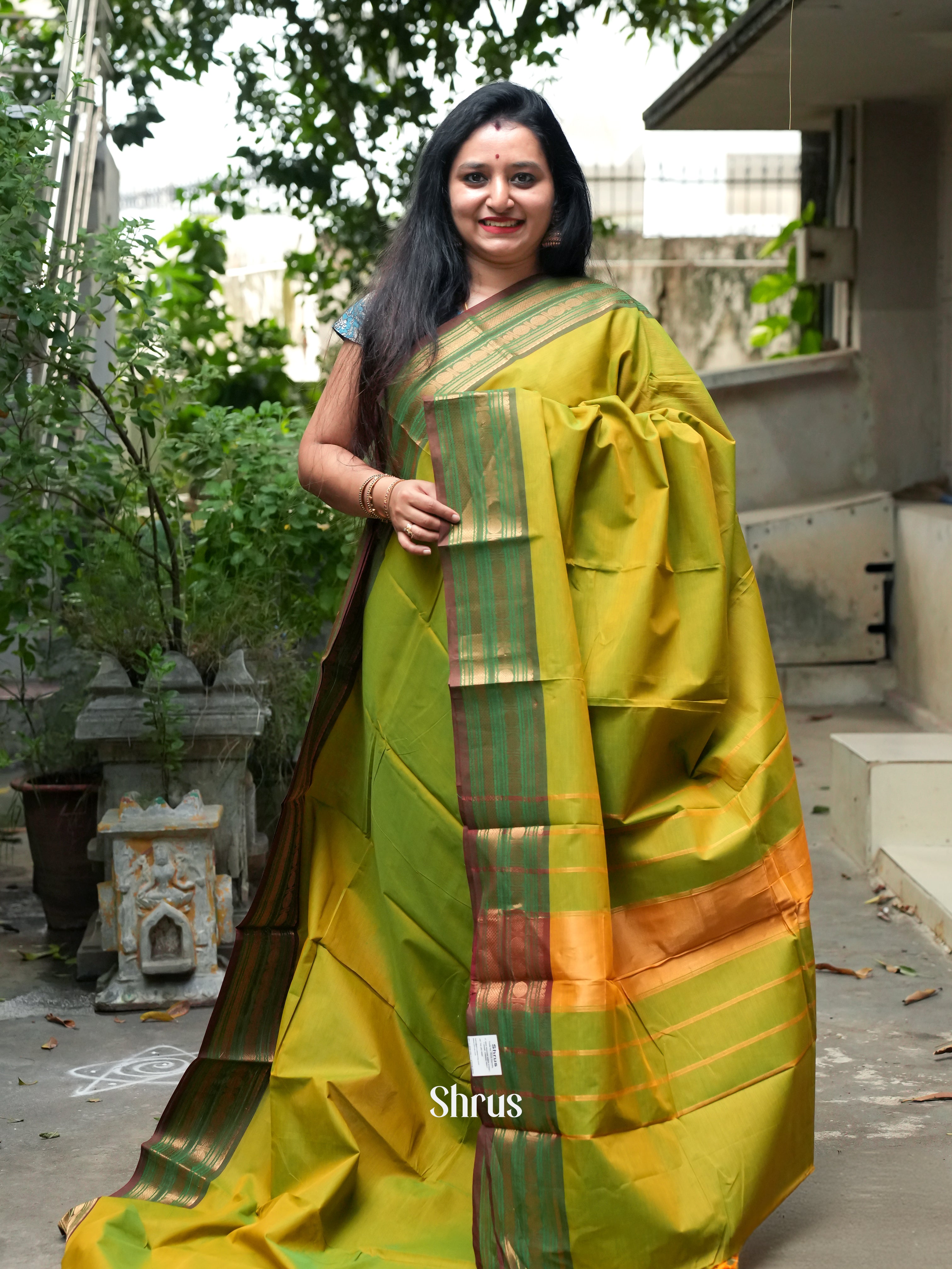 Mustardy Green & Brown - Chettinad Cotton Saree - Shop on ShrusEternity.com