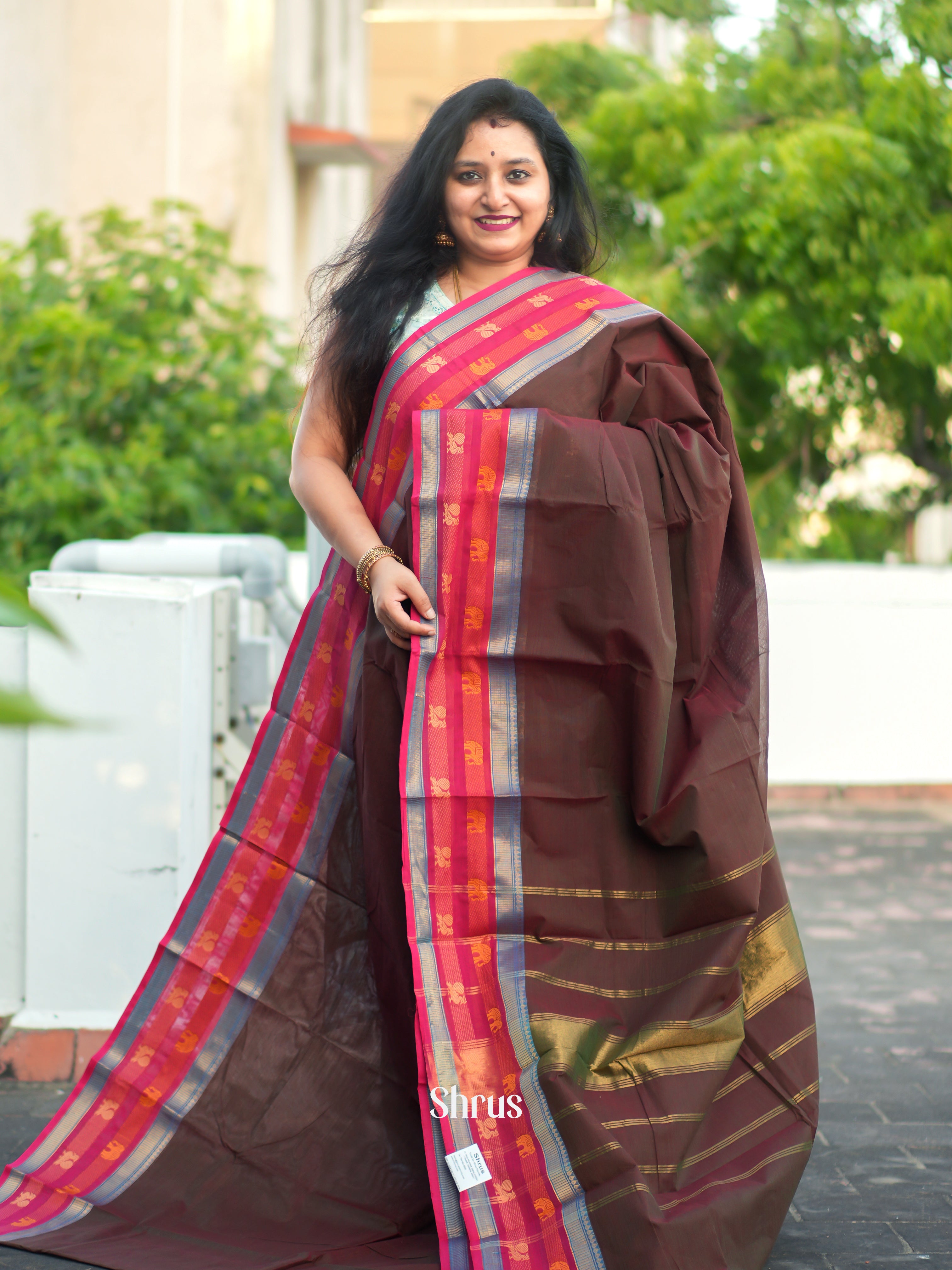 Brown & Red - Chettinad Cotton Saree - Shop on ShrusEternity.com