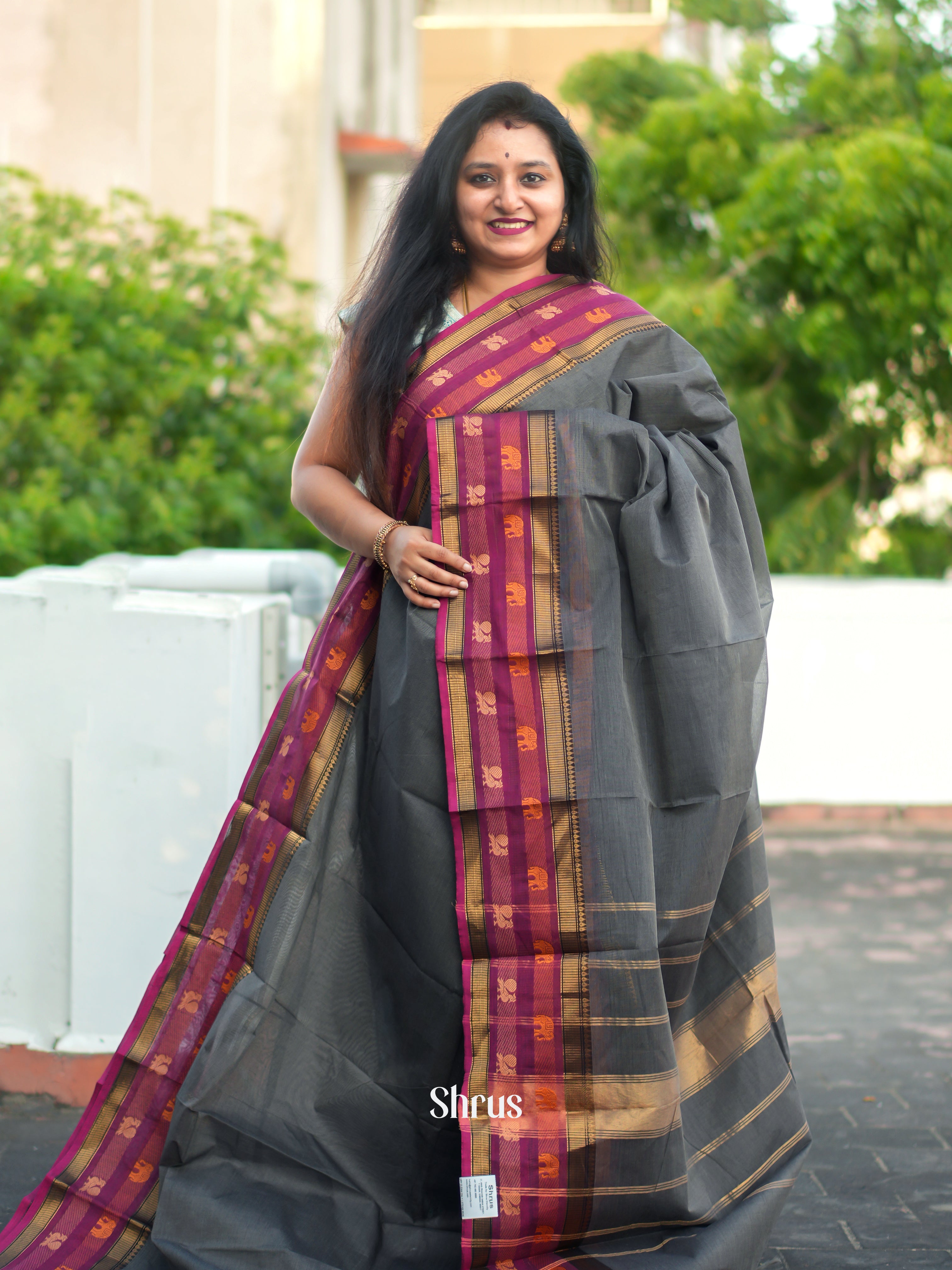 Grey & Majenta - Chettinad Cotton Saree - Shop on ShrusEternity.com