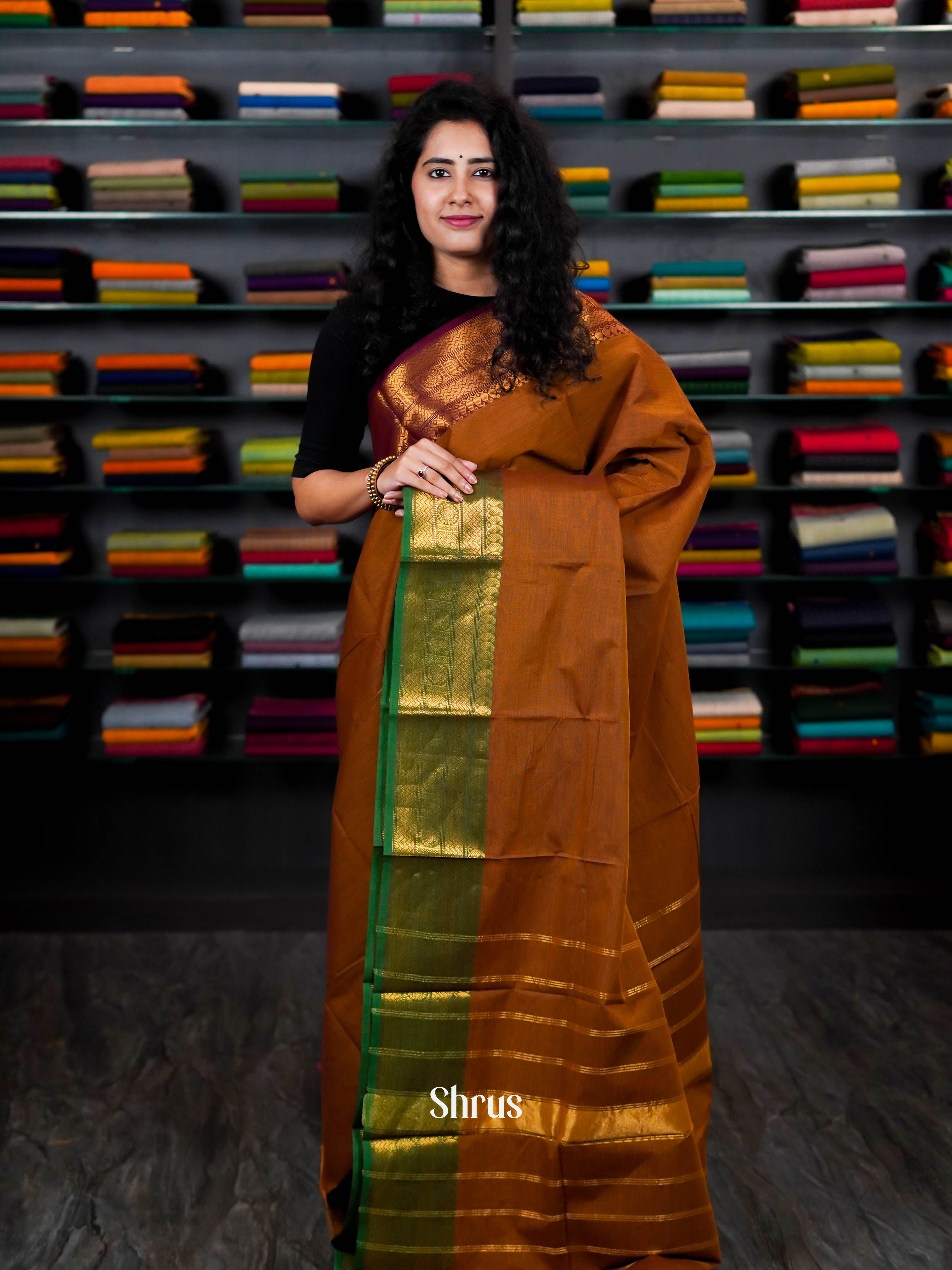 Brown & Green - Chettinad Cotton Saree - Shop on ShrusEternity.com