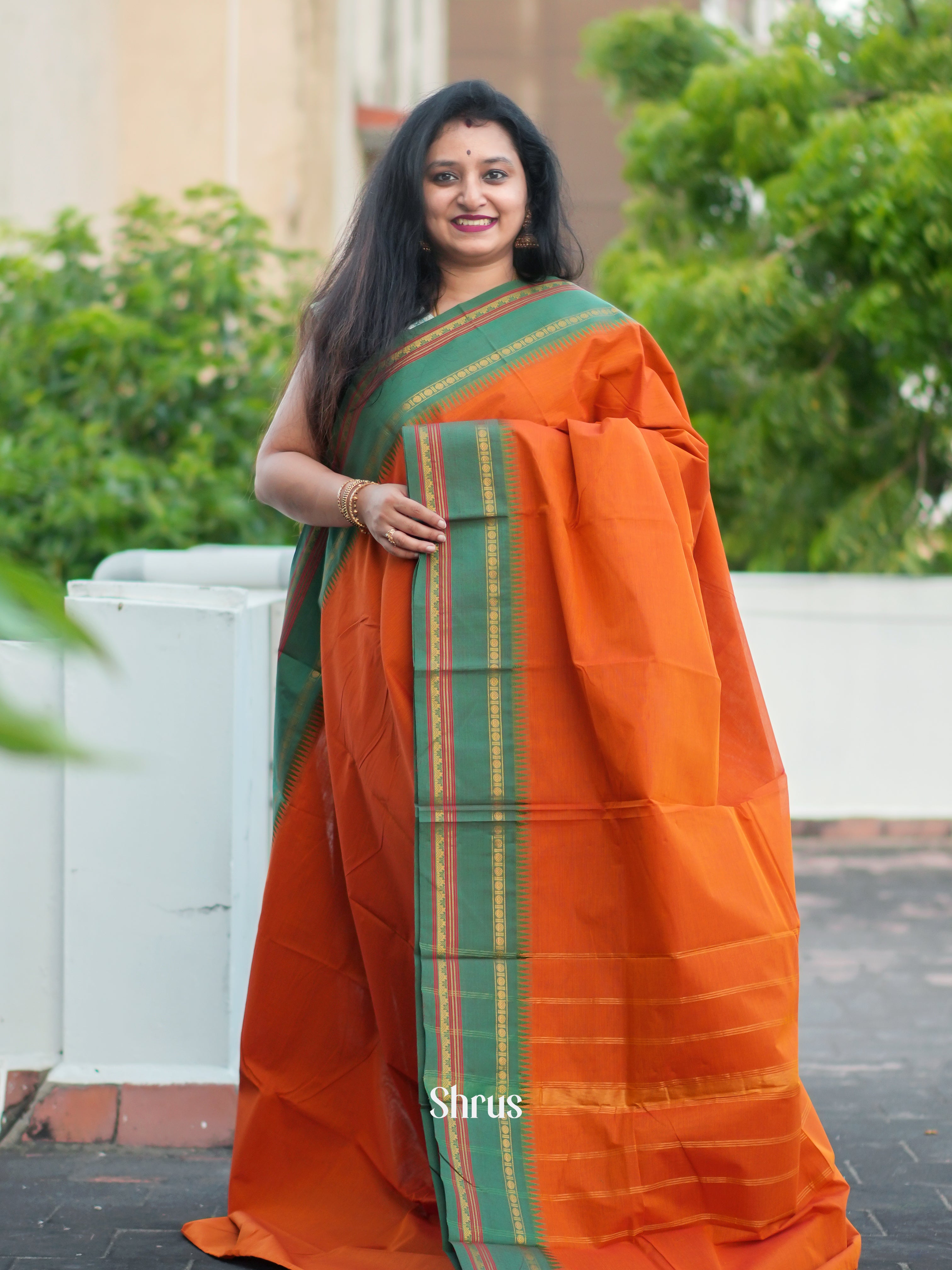 Orange & Green - Chettinad Cotton Saree - Shop on ShrusEternity.com