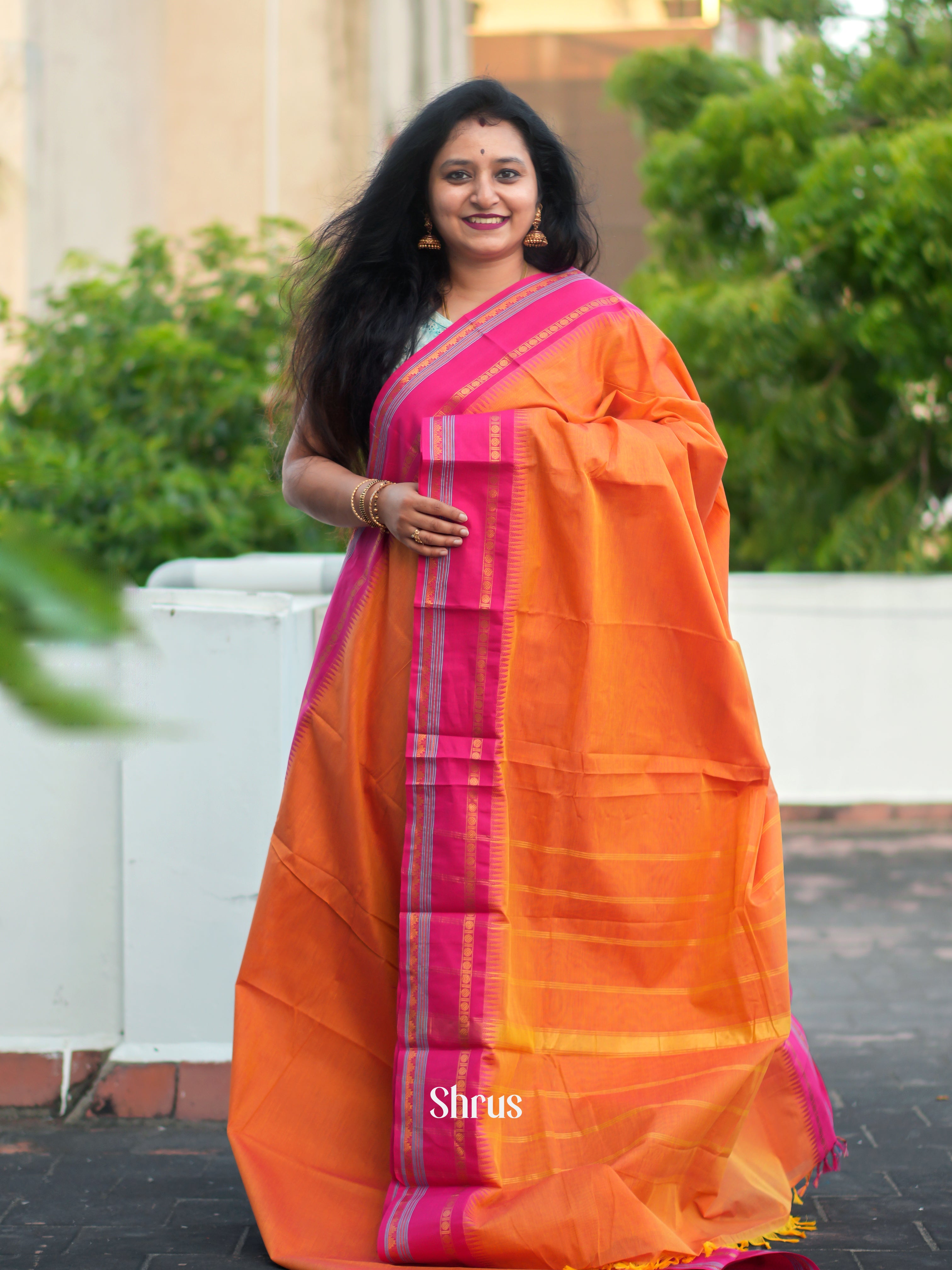 Orange & Pink- Chettinad Cotton Saree - Shop on ShrusEternity.com